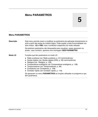 SR2MAN01PO 08/2006 51
5
Menu PARAMETROS
Menu PARAMETROS
Descrição Este menu permite inserir e modificar os parâmetros da aplicação directamente no
ecrã a partir das teclas do módulo lógico. Pode aceder a esta funcionalidade nos
dois modos : LD e FBD, mas o conteúdo é específico do modo utilizado.
Se existirem parâmetros não bloqueados para visualizar, esses aparecem na
janela ; caso contrário, aparece uma mensagem SEM PARÂMETRO.
Modo LD Funções que têm parâmetros no modo LD :
Relés auxiliares (ver Relés auxiliares, p. 91) (reminiscência);
Saídas digitais (ver Saídas digitais (DIG), p. 95) (reminiscência);
Relógios (ver Relógios, p. 133);
Comparadores analógicos (ver Comparadores analógicos, p. 128);
Temporizadores (ver Temporizadores, p. 99);
Contadores (ver Contadores, p. 109);
Contador rápido (ver Contador rápido, p. 116).
Só aparecem no menu PARAMETROS as funções utilizadas no programa e que
têm parâmetros.
 
