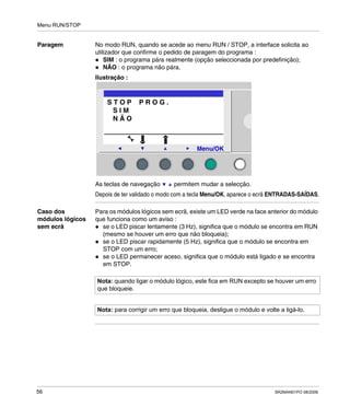 Menu RUN/STOP
56 SR2MAN01PO 08/2006
Paragem No modo RUN, quando se acede ao menu RUN / STOP, a interface solicita ao
utilizador que confirme o pedido de paragem do programa :
SIM : o programa pára realmente (opção seleccionada por predefinição);
NÃO : o programa não pára.
Ilustração :
As teclas de navegação permitem mudar a selecção.
Depois de ter validado o modo com a tecla Menu/OK, aparece o ecrã ENTRADAS-SAÍDAS.
Caso dos
módulos lógicos
sem ecrã
Para os módulos lógicos sem ecrã, existe um LED verde na face anterior do módulo
que funciona como um aviso :
se o LED piscar lentamente (3 Hz), significa que o módulo se encontra em RUN
(mesmo se houver um erro que não bloqueia);
se o LED piscar rapidamente (5 Hz), significa que o módulo se encontra em
STOP com um erro;
se o LED permanecer aceso, significa que o módulo está ligado e se encontra
em STOP.
2
Menu/OK
S T O P P R O G .
S I M
N Ã O
Nota: quando ligar o módulo lógico, este fica em RUN excepto se houver um erro
que bloqueie.
Nota: para corrigir um erro que bloqueia, desligue o módulo e volte a ligá-lo.
 