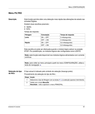 Menu CONFIGURAÇÃO
SR2MAN01PO 08/2006 61
Menu FILTRO
Descrição Esta função permite obter uma detecção mais rápida das alterações de estado nas
entradas Digitais.
Existem duas escolhas possíveis :
rápido;
lento.
Tempo de resposta :
Esta escolha só pode ser efectuada quando o módulo lógico estiver na posição
STOP. Por predefinição, os módulos lógicos são configurados como LENTO.
Selecção do tipo
de filtro
O tipo actual é indicado pelo símbolo de selecção (losango preto).
Procedimento de selecção do tipo de filtro :
Filtragem Comutação Tempo de resposta
Lento ON → OFF 5 milissegundos
OFF → ON 3 milissegundos
Rápido ON → OFF 0,5 milissegundos
OFF → ON 0,3 milissegundos
Nota: esta função está disponível nos módulos lógicos alimentados com corrente
contínua.
Nota: para voltar ao menu principal a partir do menu CONFIGURAÇÃO, utilize a
tecla de navegação .
Etapa Acção
1 Seleccione o tipo de filtragem com as teclas (a selecção aparece intermitente).
2 Valide com a tecla Menu/Ok.
Resultado : volta a aparecer o menu PRINCIPAL.
 