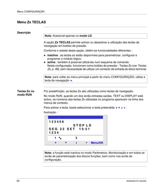 Menu CONFIGURAÇÃO
62 SR2MAN01PO 08/2006
Menu Zx TECLAS
Descrição
A opção Zx TECLAS permite activar ou desactivar a utilização das teclas de
navegação em botões de pressão.
Conforme o estado desta opção, obtêm-se funcionalidades diferentes :
inactiva : as teclas só estão disponíveis para parametrizar, configurar e
programar o módulo lógico;
activa : também é possível utilizá-las num esquema de comando.
Nesta configuração, funcionam como botões de pressão : Teclas Zx (ver Teclas
Zx, p. 89), sem necessidade de utilizar um contacto de entrada do bloco terminal.
Teclas Zx no
modo RUN
Por predefinição, as teclas Zx são utilizadas como teclas de navegação.
No modo RUN, quando um dos ecrãs entradas saídas, TEXT ou DISPLAY está
activo, os números das teclas Zx utilizadas no programa aparecem na linha dos
menus de contexto.
Para activar a tecla, basta seleccionar a tecla pretendida .
Ilustração :
Nota: Acessível apenas no modo LD.
Nota: para voltar ao menu principal a partir do menu CONFIGURAÇÃO, utilize a
tecla de navegação .
Nota: a função está inactiva no modo Parâmetros, Monitorização e em todos os
ecrãs de parametrização dos blocos funções, bem como nos ecrãs de
configuração.
2
Menu/OK
1 3
1 2 3 4 5 6
S T O P L D
S E G 2 2 S E T 1 5: 5 1
1 2 3 4
 
