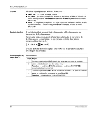 Menu CONFIGURAÇÃO
64 SR2MAN01PO 08/2006
Acções As várias acções possíveis do WATCHDOG são :
INACTIVO : modo de arranque normal;
ALARME : é colocado um estado de aviso e é possível aceder ao número de
aviso correspondente a Excesso do período de execução através do menu
DEFEITO;
ERRO : o programa pára (modo STOP) e é possível aceder ao número de erro
correspondente a : Excesso do período de execução através do menu
DEFEITO.
Período de ciclo O período de ciclo é regulável de 6 milissegundos a 90 milissegundos por
incrementos de 2 milissegundos.
Para regular este período, ajuste o factor de multiplicação do incremento de
2 milissegundos com as teclas + e - do menu de contexto. Este factor é
compreendido entre 3 e 45.
O ajuste do factor de multiplicação é feito em função do período mais curto de
amostragem das entradas.
Configuração do
WATCHDOG
Procedimento:
C I C L O = 0 x 0 2 m S0 5
Etapa Acção
1 Configure o parâmetro CICLO através das teclas + e - do menu de contexto.
2 Valide a introdução com uma das teclas : ou .
Resultado : o parâmetro CICLO é validado e o parâmetro WATCHDOG é
seleccionado (fica intermitente).
3 Configure o parâmetro WATCHDOG através das teclas + e - do menu de contexto.
4 Valide as modificações carregando na tecla Menu/OK.
Resultado : volta a aparecer o menu PRINCIPAL.
 