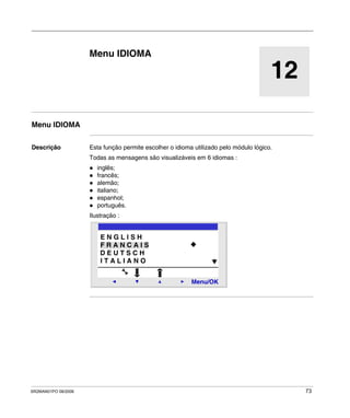 SR2MAN01PO 08/2006 73
12
Menu IDIOMA
Menu IDIOMA
Descrição Esta função permite escolher o idioma utilizado pelo módulo lógico.
Todas as mensagens são visualizáveis em 6 idiomas :
inglês;
francês;
alemão;
italiano;
espanhol;
português.
Ilustração :
F R A N C A I S
2
Menu/OK
E N G L I S H
D E U T S C H
I T A L I A N O
 