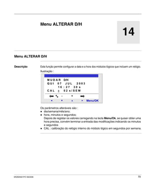 SR2MAN01PO 08/2006 79
14
Menu ALTERAR D/H
Menu ALTERAR D/H
Descrição Esta função permite configurar a data e a hora dos módulos lógicos que incluem um relógio.
Ilustração :
Os parâmetros alteráveis são :
dia/semana/mês/ano;
hora, minutos e segundos;
Depois de registar os valores carregando na tecla Menu/Ok, se quiser obter uma
hora precisa, convém terminar a entrada das modificações indicando os minutos
e segundos
CAL : calibração do relógio interno do módulo lógico em segundos por semana.
2
Menu/OK
- +
M U D A R D/H
Q U I 0 7 J U L 2 0 0 3
1 6 : 2 7 3 0 s
C A L 0 2 s / S E M
 