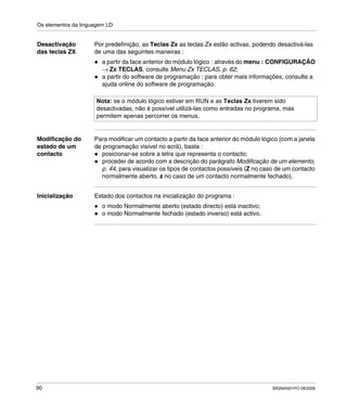 Os elementos da linguagem LD
90 SR2MAN01PO 08/2006
Desactivação
das teclas ZX
Por predefinição, as Teclas Zx as teclas Zx estão activas, podendo desactivá-las
de uma das seguintes maneiras :
a partir da face anterior do módulo lógico : através do menu : CONFIGURAÇÃO
→ Zx TECLAS, consulte Menu Zx TECLAS, p. 62;
a partir do software de programação : para obter mais informações, consulte a
ajuda online do software de programação.
Modificação do
estado de um
contacto
Para modificar um contacto a partir da face anterior do módulo lógico (com a janela
de programação visível no ecrã), basta :
posicionar-se sobre a letra que representa o contacto;
proceder de acordo com a descrição do parágrafo Modificação de um elemento,
p. 44, para visualizar os tipos de contactos possíveis (Z no caso de um contacto
normalmente aberto, z no caso de um contacto normalmente fechado).
Inicialização Estado dos contactos na inicialização do programa :
o modo Normalmente aberto (estado directo) está inactivo;
o modo Normalmente fechado (estado inverso) está activo.
Nota: se o módulo lógico estiver em RUN e as Teclas Zx tiverem sido
desactivadas, não é possível utilizá-las como entradas no programa, mas
permitem apenas percorrer os menus.
 