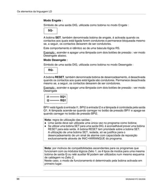 Os elementos da linguagem LD
96 SR2MAN01PO 08/2006
Modo Engate :
Símbolo de uma saída DIG, utilizada como bobina no modo Engate :
A bobina SET, também denominada bobina de engate, é activada quando os
contactos aos quais está ligada forem condutores e permanece bloqueada mesmo
se, a seguir, os contactos deixarem de ser condutores.
Este comportamento é idêntico ao de uma báscula lógica RS.
Exemplo : acender e apagar uma lâmpada com dois botões de pressão : ver modo
Desengate abaixo.
Modo Desengate :
Símbolo de uma saída DIG, utilizada como bobina no modo Desengate :
A bobina RESET, também denominada bobina de desencadeamento, é desactivada
quando os contactos aos quais está ligada são condutores. Permanece desactivada
mesmo se, a seguir, os contactos deixarem de ser condutores.
Exemplo : acender e apagar uma lâmpada com dois botões de pressão : ver modo
Desengate
BPI1 está ligado à entrada I1, BPI2 à entrada I2 e a lâmpada é controlada pela saída
Q1. A lâmpada acende-se quando carregar no botão de pressão BPI1 e apaga-se
quando carregar no botão de pressão BPI2.
Nota: regra de utilização das saídas :
Uma saída deve ser utilizada uma única vez no programa como bobina;
Se utilizar uma bobina SET para uma saída DIG, é aconselhável prever uma bobina
RESET para esta saída. A bobina RESET tem prioridade sobre a bobina SET.
A utilização de uma bobina SET, isolada, só se justifica para o
desencadeamento de um sinal de alarme com capacidade de reposição
exclusivamente através de INIC+ARRANQUE do programa.
Nota: por motivos de compatibilidades ascendentes para os programas que
funcionam com os módulos lógicos Zelio 1, os 4 tipos de modos para uma mesma
bobina de saída Q ou relé auxiliar M podem ser utilizados num mesmo esquema
de cablagem no Zelio 2.
Neste caso, o modo de funcionamento é determinado pela bobina activada em
primeiro lugar.
SQ-
RQ-
I1 SQ1
I2 RQ1
 