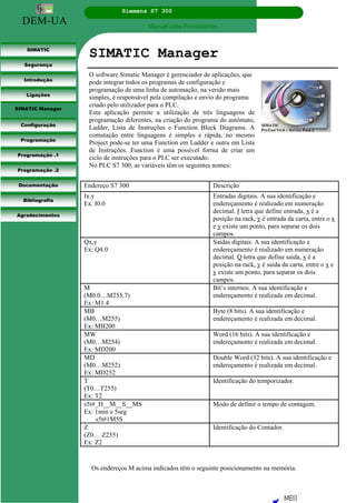 DEM-UA
Siemens S7 300
Manual para Principiantes.
SIMATIC
Segurança
Introdução
Ligações
SIMATIC Manager
Configuração
Programação
Programação .1
Programação .2
Documentação
Bibliografia
Agradecimentos
SIMATIC Manager
O software Simatic Manager é gerenciador de aplicações, que
pode integrar todos os programas de configuração e
programação de uma linha de automação, na versão mais
simples, é responsável pela compilação e envio do programa
criado pelo utilizador para o PLC.
Esta aplicação permite a utilização de três linguagens de
programação diferentes, na criação do programa do autómato,
Ladder, Lista de Instruções e Function Block Diagrams. A
comutação entre linguagens é simples e rápida, no mesmo
Project pode-se ter uma Function em Ladder e outra em Lista
de Instruções. Function é uma possível forma de criar um
ciclo de instruções para o PLC ser executado.
No PLC S7 300, as variáveis têm os seguintes nomes:
Endereço S7 300 Descrição
Ix.y
Ex. I0.0
Entradas digitais. A sua identificação e
endereçamento é realizado em numeração
decimal. I letra que define entrada, x é a
posição na rack, y é entrada da carta, entre o x
e y existe um ponto, para separar os dois
campos.
Qx,y
Ex: Q4.0
Saidas digitais. A sua identificação e
endereçamento é realizado em numeração
decimal. Q letra que define saida, x é a
posição na rack, y é saida da carta, entre o x e
y existe um ponto, para separar os dois
campos.
M
(M0.0…M255.7)
Ex: M1.4
Bit’s internos. A sua identificação e
endereçamento é realizada em decimal.
MB
(M0…M255)
Ex: MB200
Byte (8 bits). A sua identificação e
endereçamento é realizada em decimal.
MW
(M0…M254)
Ex: MD200
Word (16 bits). A sua identificação e
endereçamento é realizada em decimal.
MD
(M0…M252)
Ex: MD252
Double Word (32 bits). A sua identificação e
endereçamento é realizada em decimal.
T
(T0…T255)
Ex: T2
Identificação do temporizador.
s5t#_H__M__S__MS
Ex: 1min e 5seg
s5t#1M5S
Modo de definir o tempo de contagem.
Z
(Z0… Z255)
Ex: Z2
Identificação do Contador.
Os endereços M acima indicados têm o seguinte posicionamento na memória.
 