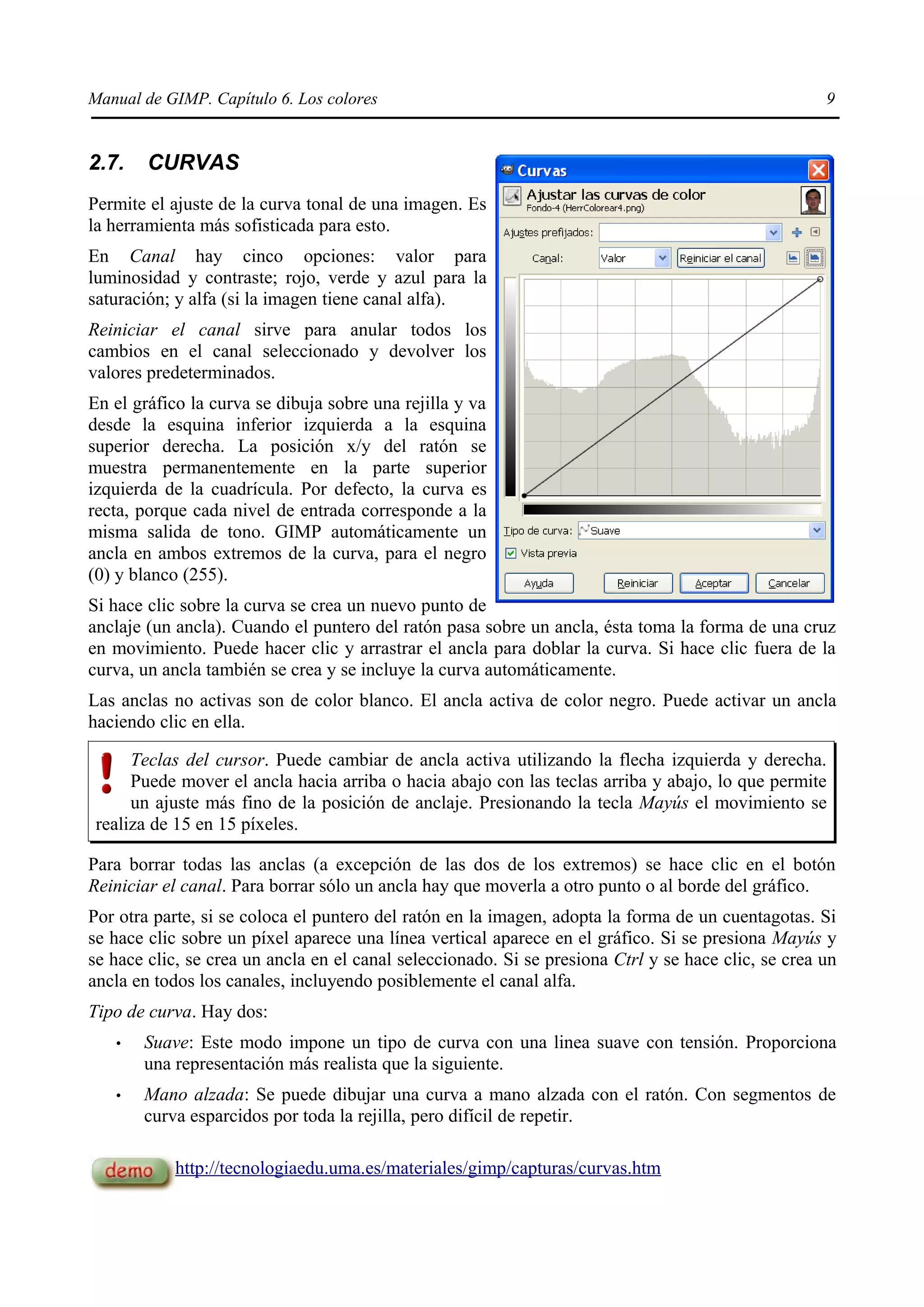 Manual de GIMP. Capítulo 6. Los colores                                                              9


2.7.    CURVAS
Permite el ajuste de la curva tonal de una imagen. Es
la herramienta más sofisticada para esto.
En Canal hay cinco opciones: valor para
luminosidad y contraste; rojo, verde y azul para la
saturación; y alfa (si la imagen tiene canal alfa).
Reiniciar el canal sirve para anular todos los
cambios en el canal seleccionado y devolver los
valores predeterminados.
En el gráfico la curva se dibuja sobre una rejilla y va
desde la esquina inferior izquierda a la esquina
superior derecha. La posición x/y del ratón se
muestra permanentemente en la parte superior
izquierda de la cuadrícula. Por defecto, la curva es
recta, porque cada nivel de entrada corresponde a la
misma salida de tono. GIMP automáticamente un
ancla en ambos extremos de la curva, para el negro
(0) y blanco (255).
Si hace clic sobre la curva se crea un nuevo punto de
anclaje (un ancla). Cuando el puntero del ratón pasa sobre un ancla, ésta toma la forma de una cruz
en movimiento. Puede hacer clic y arrastrar el ancla para doblar la curva. Si hace clic fuera de la
curva, un ancla también se crea y se incluye la curva automáticamente.
Las anclas no activas son de color blanco. El ancla activa de color negro. Puede activar un ancla
haciendo clic en ella.

      Teclas del cursor. Puede cambiar de ancla activa utilizando la flecha izquierda y derecha.
      Puede mover el ancla hacia arriba o hacia abajo con las teclas arriba y abajo, lo que permite
      un ajuste más fino de la posición de anclaje. Presionando la tecla Mayús el movimiento se
 realiza de 15 en 15 píxeles.

Para borrar todas las anclas (a excepción de las dos de los extremos) se hace clic en el botón
Reiniciar el canal. Para borrar sólo un ancla hay que moverla a otro punto o al borde del gráfico.
Por otra parte, si se coloca el puntero del ratón en la imagen, adopta la forma de un cuentagotas. Si
se hace clic sobre un píxel aparece una línea vertical aparece en el gráfico. Si se presiona Mayús y
se hace clic, se crea un ancla en el canal seleccionado. Si se presiona Ctrl y se hace clic, se crea un
ancla en todos los canales, incluyendo posiblemente el canal alfa.
Tipo de curva. Hay dos:
   •   Suave: Este modo impone un tipo de curva con una linea suave con tensión. Proporciona
       una representación más realista que la siguiente.
   •   Mano alzada: Se puede dibujar una curva a mano alzada con el ratón. Con segmentos de
       curva esparcidos por toda la rejilla, pero difícil de repetir.

           http://tecnologiaedu.uma.es/materiales/gimp/capturas/curvas.htm
 