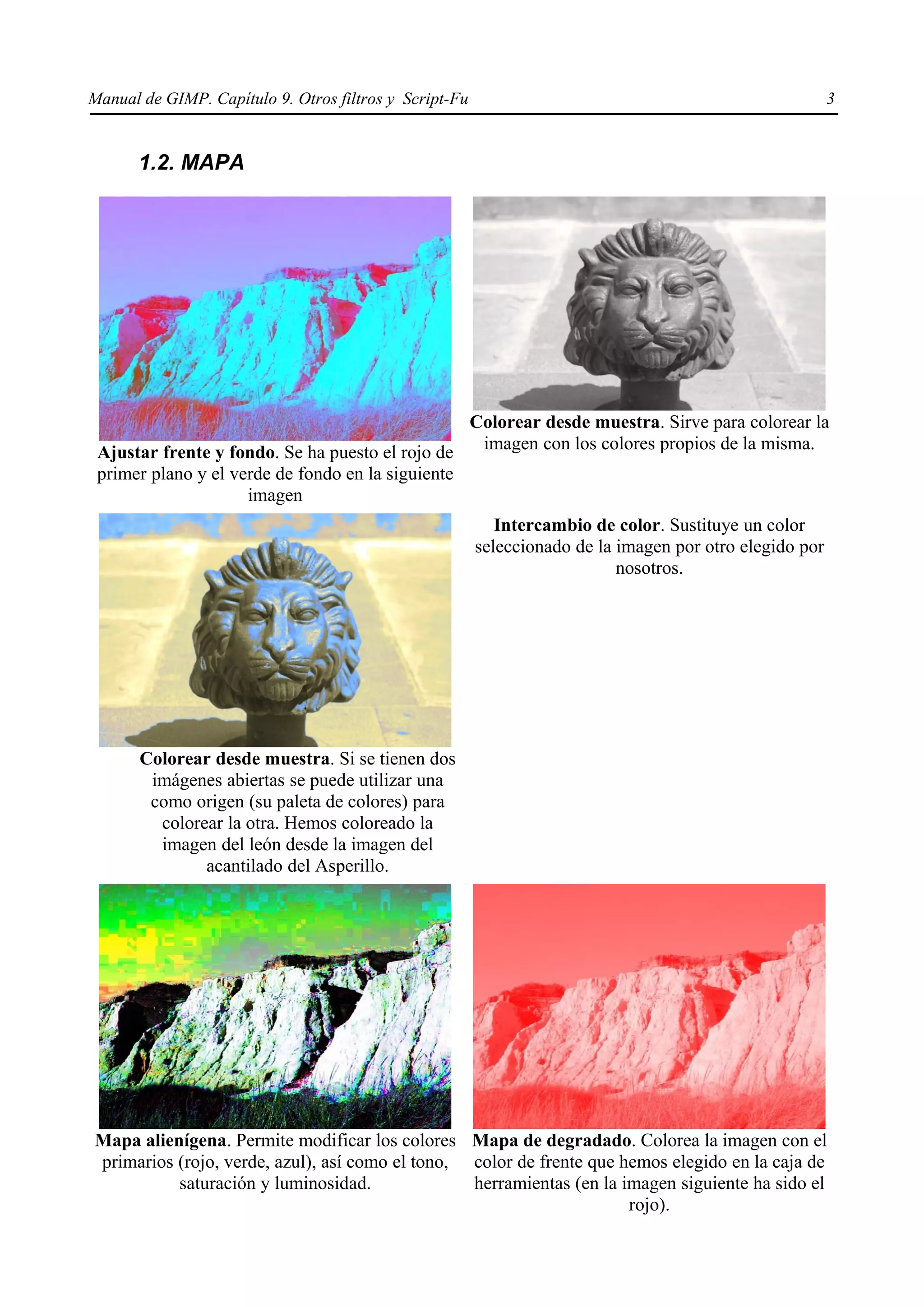 Manual de GIMP. Capítulo 9. Otros filtros y Script-Fu                                                    3


      1.2. MAPA




                                                  Colorear desde muestra. Sirve para colorear la
 Ajustar frente y fondo. Se ha puesto el rojo de   imagen con los colores propios de la misma.
 primer plano y el verde de fondo en la siguiente
                     imagen
                                                           Intercambio de color. Sustituye un color
                                                        seleccionado de la imagen por otro elegido por
                                                                           nosotros.




       Colorear desde muestra. Si se tienen dos
        imágenes abiertas se puede utilizar una
        como origen (su paleta de colores) para
         colorear la otra. Hemos coloreado la
         imagen del león desde la imagen del
               acantilado del Asperillo.




Mapa alienígena. Permite modificar los colores Mapa de degradado. Colorea la imagen con el
primarios (rojo, verde, azul), así como el tono, color de frente que hemos elegido en la caja de
          saturación y luminosidad.              herramientas (en la imagen siguiente ha sido el
                                                                      rojo).
 