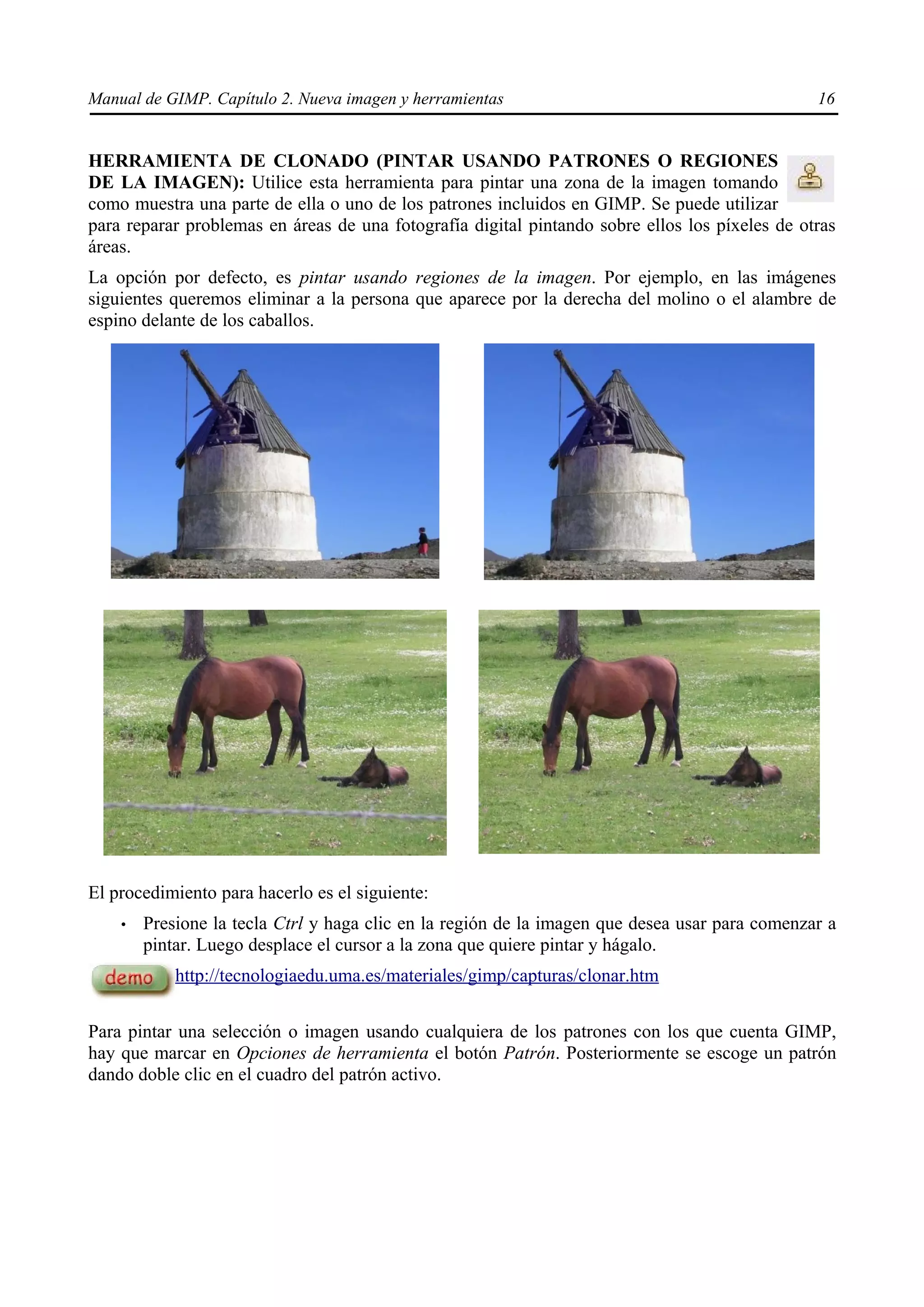 Manual de GIMP. Capítulo 2. Nueva imagen y herramientas                                         16


HERRAMIENTA DE CLONADO (PINTAR USANDO PATRONES O REGIONES
DE LA IMAGEN): Utilice esta herramienta para pintar una zona de la imagen tomando
como muestra una parte de ella o uno de los patrones incluidos en GIMP. Se puede utilizar
para reparar problemas en áreas de una fotografía digital pintando sobre ellos los píxeles de otras
áreas.
La opción por defecto, es pintar usando regiones de la imagen. Por ejemplo, en las imágenes
siguientes queremos eliminar a la persona que aparece por la derecha del molino o el alambre de
espino delante de los caballos.




El procedimiento para hacerlo es el siguiente:
    •   Presione la tecla Ctrl y haga clic en la región de la imagen que desea usar para comenzar a
        pintar. Luego desplace el cursor a la zona que quiere pintar y hágalo.
            http://tecnologiaedu.uma.es/materiales/gimp/capturas/clonar.htm


Para pintar una selección o imagen usando cualquiera de los patrones con los que cuenta GIMP,
hay que marcar en Opciones de herramienta el botón Patrón. Posteriormente se escoge un patrón
dando doble clic en el cuadro del patrón activo.
 