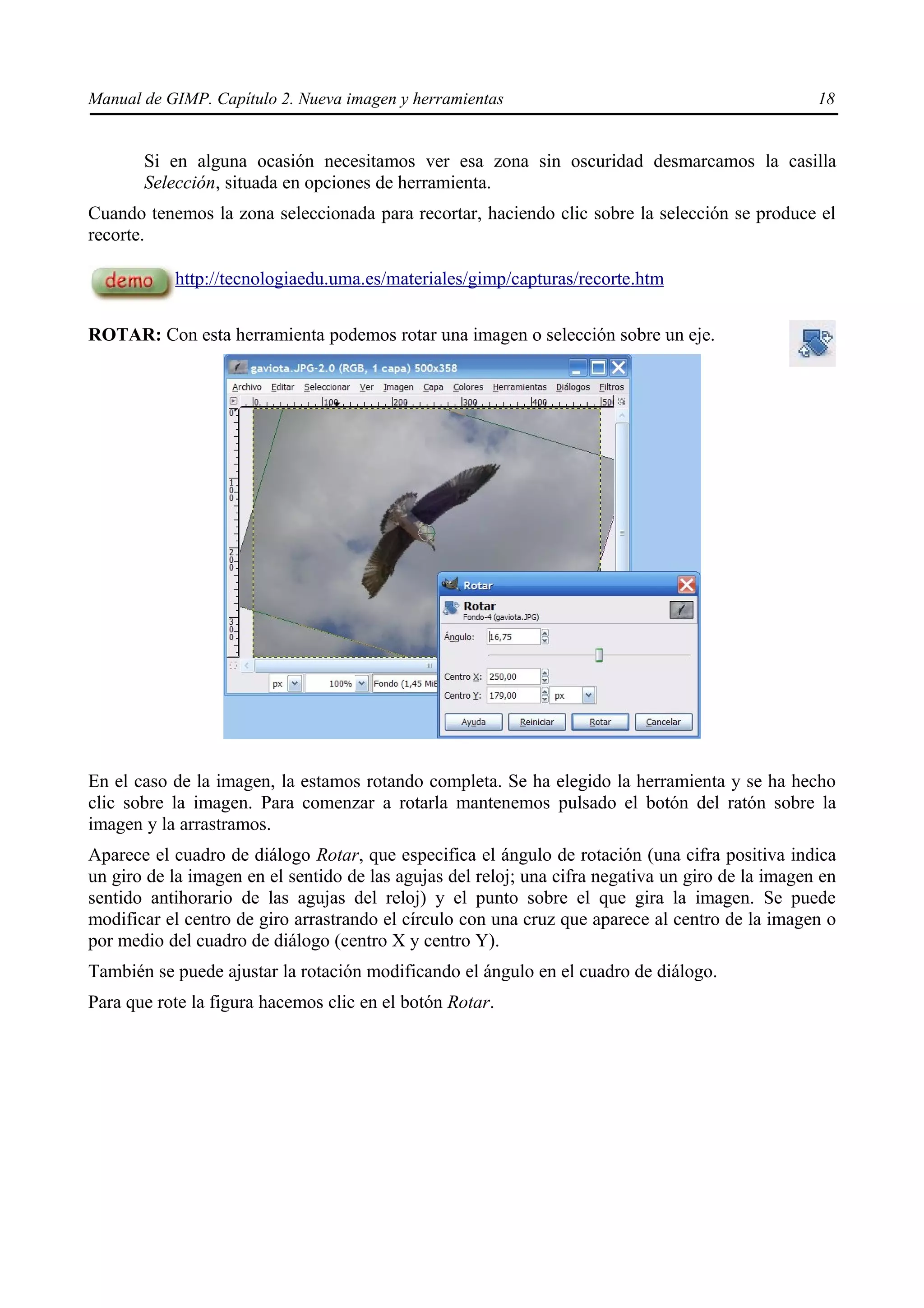 Manual de GIMP. Capítulo 2. Nueva imagen y herramientas                                            18


       Si en alguna ocasión necesitamos ver esa zona sin oscuridad desmarcamos la casilla
       Selección, situada en opciones de herramienta.
Cuando tenemos la zona seleccionada para recortar, haciendo clic sobre la selección se produce el
recorte.

           http://tecnologiaedu.uma.es/materiales/gimp/capturas/recorte.htm


ROTAR: Con esta herramienta podemos rotar una imagen o selección sobre un eje.




En el caso de la imagen, la estamos rotando completa. Se ha elegido la herramienta y se ha hecho
clic sobre la imagen. Para comenzar a rotarla mantenemos pulsado el botón del ratón sobre la
imagen y la arrastramos.
Aparece el cuadro de diálogo Rotar, que especifica el ángulo de rotación (una cifra positiva indica
un giro de la imagen en el sentido de las agujas del reloj; una cifra negativa un giro de la imagen en
sentido antihorario de las agujas del reloj) y el punto sobre el que gira la imagen. Se puede
modificar el centro de giro arrastrando el círculo con una cruz que aparece al centro de la imagen o
por medio del cuadro de diálogo (centro X y centro Y).
También se puede ajustar la rotación modificando el ángulo en el cuadro de diálogo.
Para que rote la figura hacemos clic en el botón Rotar.
 