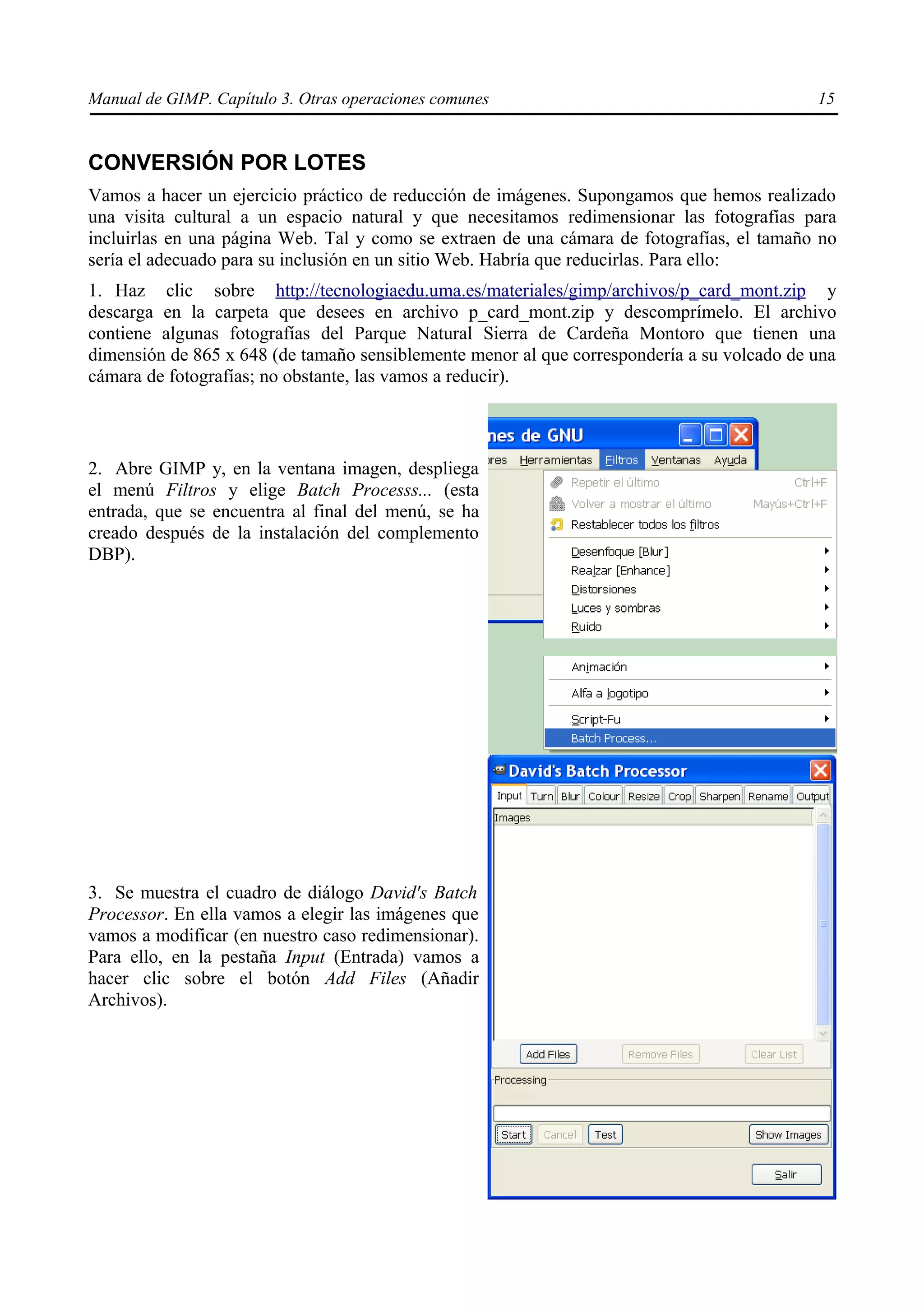 Manual de GIMP. Capítulo 3. Otras operaciones comunes                                       15


CONVERSIÓN POR LOTES
Vamos a hacer un ejercicio práctico de reducción de imágenes. Supongamos que hemos realizado
una visita cultural a un espacio natural y que necesitamos redimensionar las fotografías para
incluirlas en una página Web. Tal y como se extraen de una cámara de fotografías, el tamaño no
sería el adecuado para su inclusión en un sitio Web. Habría que reducirlas. Para ello:
1. Haz clic sobre http://tecnologiaedu.uma.es/materiales/gimp/archivos/p_card_mont.zip y
descarga en la carpeta que desees en archivo p_card_mont.zip y descomprímelo. El archivo
contiene algunas fotografías del Parque Natural Sierra de Cardeña Montoro que tienen una
dimensión de 865 x 648 (de tamaño sensiblemente menor al que correspondería a su volcado de una
cámara de fotografías; no obstante, las vamos a reducir).



2. Abre GIMP y, en la ventana imagen, despliega
el menú Filtros y elige Batch Processs... (esta
entrada, que se encuentra al final del menú, se ha
creado después de la instalación del complemento
DBP).




3. Se muestra el cuadro de diálogo David's Batch
Processor. En ella vamos a elegir las imágenes que
vamos a modificar (en nuestro caso redimensionar).
Para ello, en la pestaña Input (Entrada) vamos a
hacer clic sobre el botón Add Files (Añadir
Archivos).
 