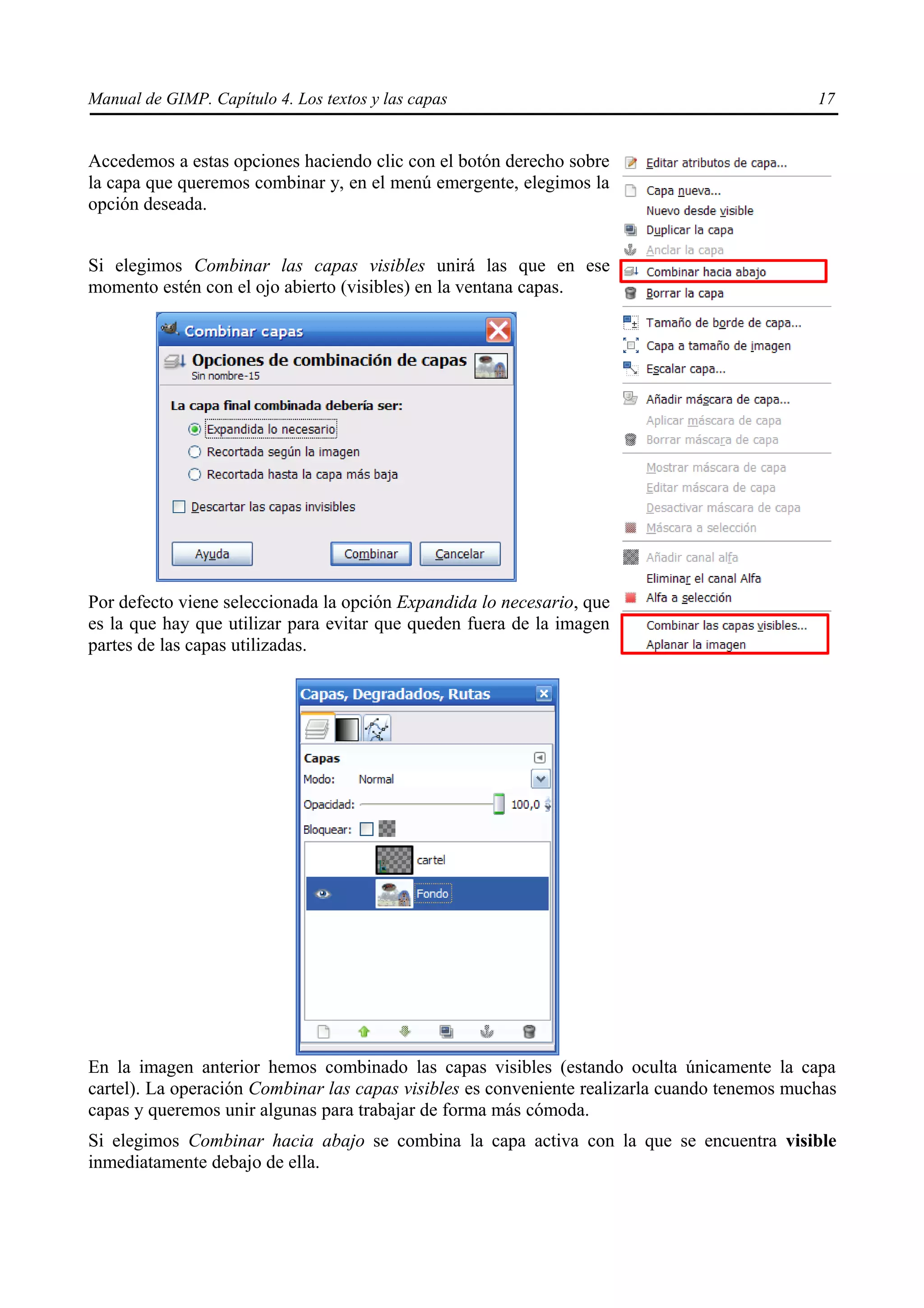 Manual de GIMP. Capítulo 4. Los textos y las capas                                            17


Accedemos a estas opciones haciendo clic con el botón derecho sobre
la capa que queremos combinar y, en el menú emergente, elegimos la
opción deseada.


Si elegimos Combinar las capas visibles unirá las que en ese
momento estén con el ojo abierto (visibles) en la ventana capas.




Por defecto viene seleccionada la opción Expandida lo necesario, que
es la que hay que utilizar para evitar que queden fuera de la imagen
partes de las capas utilizadas.




En la imagen anterior hemos combinado las capas visibles (estando oculta únicamente la capa
cartel). La operación Combinar las capas visibles es conveniente realizarla cuando tenemos muchas
capas y queremos unir algunas para trabajar de forma más cómoda.
Si elegimos Combinar hacia abajo se combina la capa activa con la que se encuentra visible
inmediatamente debajo de ella.
 