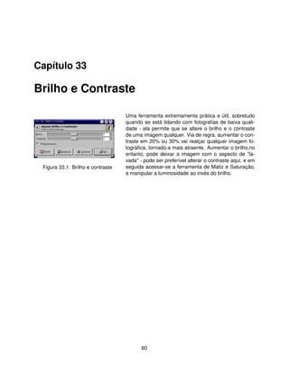 Capítulo 33

Brilho e Contraste

                                   Uma ferramenta extremamente prática e útil, sobretudo
                                   quando se está lidando com fotograﬁas de baixa quali-
                                   dade - ela permite que se altere o brilho e o contraste
                                   de uma imagem qualquer. Via de regra, aumentar o con-
                                   traste em 20% ou 30% vai realçar qualquer imagem fo-
                                   tográﬁca, tornado-a mais atraente. Aumentar o brilho,no
                                   entanto, pode deixar a imagem com o aspecto de "la-
                                   vada" - pode ser preferível alterar o contraste aqui, e em
 Figura 33.1: Brilho e contraste   seguida acessar-se a ferramenta de Matiz e Saturação,
                                   e manipular a luminosidade ao invés do brilho.




                                          60
 