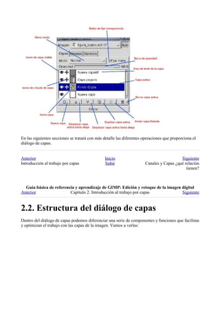 En las siguientes secciones se tratará con más detalle las diferentes operaciones que proporciona el
diálogo de capas.


Anterior                                        Inicio                                    Siguiente
Introducción al trabajo por capas               Subir                  Canales y Capas ¿qué relación
                                                                                             tienen?



  
Anterior                 Capítulo 2. Introducción al trabajo por capas            Siguiente



Dentro del diálogo de capas podemos diferenciar una serie de componentes y funciones que facilitan
y optimizan el trabajo con las capas de la imagen. Vamos a verlas:
 