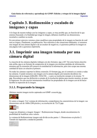 
Anterior                                                                          Siguiente




A lo largo de nuestro trabajo con las imágenes y capas, es muy posible que, en función de lo que
estemos buscando o la finalidad que tenga la imagen, debamos modificar sus dimensiones,
recortarla o cambiar su escala.
En este primer ejercicio veremos cómo modificar estas propiedades de la imagen en función de cuál
será su origen y finalmente, su publicación. Nos referimos a dos situaciones habituales: si tomamos
una imagen de una cámara digital o de un escáner de negativos; si queremos publicar la imagen en
una página web o queremos imprimirla.




La mayoría de las cámaras digitales trabajan con dos formatos: jpg y tiff. Tal como hemos descrito
más arriba, jpg es un formato de compresión de la imagen con enormes pérdidas de información,
mientras que la extensión tiff conserva la totalidad de la información, pero éste ocupa una enorme
cantidad de bytes en relación al primero.
No todas las cámaras soportan la última extensión. El formato jpg, por el contrario es común a todas
las cámaras. Cuando tomamos una imagen con la cámara digital, previamente decidimos las
dimensiones de la imagen (640x480, 1024x768, ...), pero su resolución siempre es la misma: 72
ppp. Recordamos que esa definición es propia de la resolución óptima para nuestro monitor, no para
la impresora. En esta sección intentaremos modificar las propiedades de la imagen con tal de hacer
factible la impresión de la imagen.


Abrimos nuestra imagen recién capturada con GIMP: cocacola.jpg.



Si vamos a imagen: Ver>ventana de información, comprobamos las características de la imagen: sus
dimensiones son de 1600x1200 píxeles y su resolución de 72x72 ppp.



Luego nos dirigimos a imagen: Imagen > Redimensionar Imagen, donde encontraremos la
posibilidad de modificar estos valores.
La ventana de Redimensionar imagen está divida en dos partes: 1. Dimensiones en píxeles 2.
Tamaño de impresión y unidad de pantalla.
 