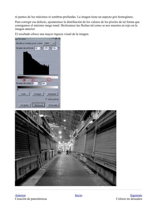 ni puntos de luz máximos ni sombras profundas. La imagen tiene un aspecto gris homogéneo.
Para corregir ese defecto, ajustaremos la distribución de los valores de los píxeles de tal forma que
consigamos el máximo rango tonal. Deslizamos las flechas tal como se nos muestra en rojo en la
imagen anterior
El resultado ofrece una mayor riqueza visual de la imagen.




Anterior                                        Inicio                                      Siguiente
Creación de panorámicas                                                           Colores no deseados
 