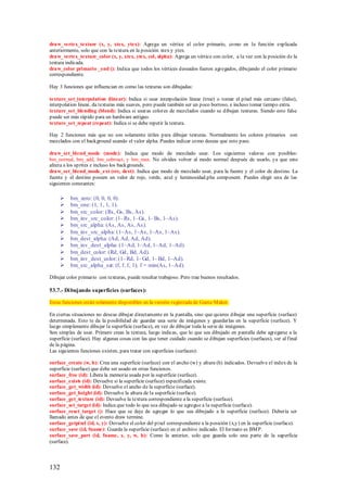 draw_vertex_texture (x, y, xtex, ytex): Agrega un vértice al color primario, como en la función explicada
anteriormente, solo que con la textura en la posición xtex y ytex.
draw_vertex_texture_color (x, y, xtex, ytex, col, alpha): Agrega un vértice con color, a la vez con la posición de la
textura indicada.
draw_color primario _end (): Indica que todos los vértices deseados fueron agregados, dibujando el color primario
correspondiente.

Hay 3 funciones que influencian en como las texturas son dibujadas:

texture_set_interpolation (linear): Indica si usar interpolación linear (true) o tomar el píxel más cercano (false),
interpolation linear, da texturas más suaves, pero puede también ser un poco borroso, e incluso tomar tiempo extra.
texture_set_blending (blend): Indica si usaras colores de mezclados cuando se dibujan texturas. Siendo esto false
puede ser más rápido para un hardware antiguo.
texture_set_repeat (repeat): Indica si se debe repetir la textura.

Hay 2 funciones más que no son solamente útiles para dibujar texturas. Normalmente los colores primarios son
mezclados con el background usando el valor alpha. Puedes indicar como deseas que esto pase.

draw_set_blend_mode (mode): Indica que modo de mezclado usar. Los siguientes valores con posibles:
bm_normal, bm_add, bm_subtract, y bm_max. No olvides volver al modo normal después de usarlo, ya que esto
afecta a los sprites e incluso los backgrounds.
draw_set_blend_mode_ext (src, dest): Indica que modo de mezclado usar, para la fuente y el color de destino. La
fuente y el destino poseen un valor de rojo, verde, azul y luminosidad.pha component. Puedes elegir una de las
siguientes constantes:

         bm_ zero: (0, 0, 0, 0).
         bm_one: (1, 1, 1, 1).
         bm_src_color: (Rs, Gs, Bs, As).
         bm_inv_src_color: (1– Rs, 1– Gs, 1– Bs, 1–As).
         bm_src_alpha: (As, As, As, As).
         bm_inv_src_alpha: (1–As, 1–As, 1–As, 1–As).
         bm_dest_alpha: (Ad, Ad, Ad, Ad).
         bm_inv_dest_alpha: (1–Ad, 1–Ad, 1–Ad, 1–Ad).
         bm_dest_color: (Rd, Gd , Bd, Ad).
         bm_inv_dest_color: (1– Rd, 1– Gd, 1– Bd, 1–Ad).
         bm_src_alpha_sat: (f, f, f, 1); f = min(As, 1–Ad).

Dibujar color primario con texturas, puede resultar trabajoso. Pero trae buenos resultados.

53.7.- Di bujando superficies (surfaces):

Estas funciones están solamente disponibles en la versión registrada de Game M aker.

En ciertas situaciones no deseas dibujar directamente en la pantalla, sino que quieres dibujar una superficie (surface)
determinada. Esto te da la posibilidad de guardar una serie de imágenes y guardarlas en la superficie (surface). Y
luego simplemente dibujar la superficie (surface), en vez de dibujar toda la serie de imágenes.
Son simples de usar. Primero creas la textura, luego indicas, que lo que sea dibujado en pantalla debe agregarse a la
superficie (surface). Hay algunas cosas con las que tener cuidado cuando se dibujan superficies (surfaces), ver al final
de la página.
Las siguientes funciones existen, para tratar con superficies (surfaces):

surface_create (w, h): Crea una superficie (surface) con el ancho (w) y altura (h) indicados. Devuelve el index de la
superficie (surface) que debe ser usado en otras funciones.
surface_free (id): Libera la memoria usada por la superficie (surface).
surface_exists (id): Devuelve si la superficie (surface) especificada existe.
surface_get_width (id): Devuelve el ancho de la superficie (surface).
surface_get_height (id): Devuelve la altura de la superficie (surface).
surface_get_texture (id): Devuelve la textura correspondiente a la superficie (surface).
surface_set_target (id): Indica que todo lo que sea dibujado se agregue a la superficie (surface).
surface_reset_target (): Hace que se deje de agregar lo que sea dibujado a la superficie (surface). Debería ser
llamado antes de que el evento draw termine.
surface_getpíxel (id, x, y): Devuelve el color del píxel correspondiente a la posición (x,y) en la superficie (surface).
surface_save (id, fname): Guarda la superficie (surface) en el archivo indicado. El formato es BM P.
surface_save_part (id, fname, x, y, w, h): Como la anterior, solo que guarda solo una parte de la superficie
(surface).




132
 