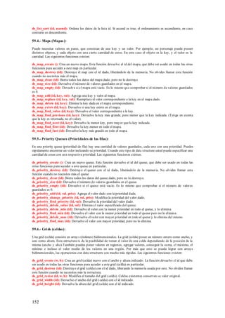 ds_list_sort (id, ascend): Ordena los datos de la lista id. Si ascend es true, el ordenamiento es ascendiente, en caso
contrario es descendiente.

59.4.- Maps (Mapas):

Puede necesitar valores en pares, que consistan de una key y un valor. Por ejemplo, un personaje puede poseer
distintos objetos, y cada objeto con una cierta cantidad de estos. En este caso el objeto es la key, y el valor es la
cantidad. Las siguientes funciones existen:

ds_map_create (): Crea un nuevo mapa. Esta función devuelve el id del mapa, que debe ser usado en todas las otras
funciones para acceder a este map en particular.
ds_map_destroy (id): Destruye el map con el id dado, liberándolo de la memoria. No olvides llamar esta función
cuando no necesites más el mapa.
ds_map_clear (id): Borra todos los datos del mapa dado, pero no lo destruye
ds_map_size (id): Devuelve el número de valores guardados en el mapa.
ds_map_empty (id): Devuelve si el mapa está vacío. Es lo mismo qu e comprobar si el número de valores guardados
es 0.
ds_map_add (id, key, val): Agrega una key y valor al mapa.
ds_map_replace (id, key, val): Reemplaza el valor correspondiente a la key en el mapa dado.
ds_map_delete (id, key): Elimina la key dada en el mapa correspondiente.
ds_map_exists (id, key): Devuelve si una key existe en el mapa.
ds_map_find_value (id, key): Devuelve el valor correspondiente a la key.
ds_map_find_previous (id, key): Devuelve la key más grande, pero menor que la key indicada. (Tenga en cuenta
que la key es retornada, no el valor).
ds_map_find_next (id, key): Devuelve la menor key, pero mayor que la key indicada.
ds_map_find_first (id): Devuelve la key menor en todo el mapa.
ds_map_find_last (id): Devuelve la key más grande en todo el mapa.

59.5.- Priority Queues (Priori dades de las filas):

En una priority queue (prioridad de fila) hay una cantidad de valores guardados, cada uno con una prioridad. Puedes
rápidamente encontrar un valor indicando su prioridad. Usando este tipo de data structure usted puede especificar una
cantidad de cosas con una respectiva prioridad. Las siguientes funciones existen.

ds_priority_create (): Crea un nuevo queue. Esta función devuelve el id del queue, que debe ser usado en todas las
otras funciones para acceder a este queue en particular.
ds_priority_destroy (id): Destruye el queue con el id dado, liberándolo de la memoria. No olvides llamar esta
función cuando no necesites más el queue
ds_priority_clear (id): Borra todos los datos del queue dado, pero no lo destruye.
ds_priority_size (id): Devuelve el número de valores guardados en el queue.
ds_priority_empty (id): Devuelve si el queue está vacío. Es lo mismo que comprobar si el número de valores
guardados es 0.
ds_priority_add (id, val, prio): Agrega el valor dado con la prioridad dada.
ds_priority_change_priority (id, val, prio): M odifica la prioridad del valor dado.
ds_priority_find_priority (id, val): Devuelve la prioridad del valor dado.
ds_priority_delete_value (id, val): Elimina el valor especificado del queue.
ds_priority_delete_min (id): Devuelve el valor con la menor prioridad en todo el queue, y lo elimina.
ds_priority_find_min (id): Devuelve el valor con la menor prioridad en todo el queue pero no lo elimina.
ds_priority_delete_max (id): Devuelve el valor con mayor prioridad en todo el queue y lo elimina del mismo.
ds_priority_find_max (id): Devuelve el valor con mayor prioridad, pero no lo elimina.

59.6.- Gri ds (cel das):

Una grid (celda) consiste en arrays (órdenes) bidimensionales. La grid (celda) posee un número entero como ancho, y
uno como altura. Esta estructura te da la posibilidad de tomar el valor de una celda dependiendo de la posición de la
misma (ancho y alto).También puedes poner valores en regiones, agregar valores, conseguir la suma, el máximo, el
mínimo e incluso el valor medio de los valores en una región. Por más que esto se pueda lograr con arrays
bidimensionales, las operaciones con data structures son mucho más rápidas. Las siguientes funciones existen:

ds_grid_create (w, h): Crea un grid (celda) nuevo con el ancho y altura indicado. La función devuelve el id que debe
ser usado en todas las otras funciones para acceder a este grid (celda) en particular.
ds_grid_destroy (id): Destruye el grid (celda) con el id dado, liberando la memoria usada por este. No olvides llamar
esta función cuando no necesites más la estructura.
ds_grid_resize (id, w, h): M odifica el tamaño del grid (celda). Celdas existentes conservan su valor original.
ds_grid_width (id): Devuelve el ancho del grid (celda) con el id indicado.
ds_grid_height (id): Devuelve la altura del grid (celda) con el id indicado.




152
 