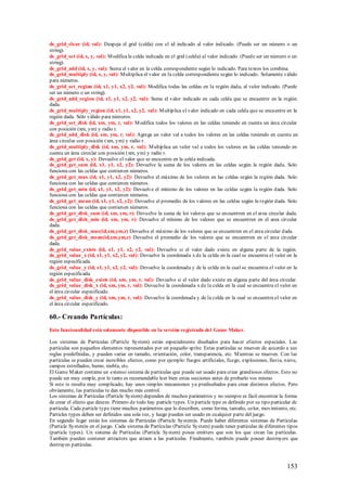 ds_grid_clear (id, val): Despeja el grid (celda) con el id indicado al valor indicado. (Puede ser un número o un
string).
ds_grid_set (id, x, y, val): M odifica la celda indicada en el grid (celda) al valor indicado. (Puede ser un número o un
string).
ds_grid_add (id, x, y, val): Suma el valor en la celda correspondiente según lo indicado. Para textos los combina.
ds_grid_multiply (id, x, y, val): M ultiplica el valor en la celda correspondiente según lo indicado. Solamente válido
para números.
ds_grid_set_region (id, x1, y1, x2, y2, val): Modifica todas las celdas en la región dada, al valor indicado. (Puede
ser un número o un string).
ds_grid_add_region (id, x1, y1, x2, y2, val): Suma el valor indicado en cada celda que se encuentre en la región
dada.
ds_grid_multiply_region (id, x1, y1, x2, y2, val): M ultiplica el valor indicado en cada celda que se encuentre en la
región dada. Sólo válido para números.
ds_grid_set_disk (id, xm, ym, r, val): M odifica todos los valores en las celdas teniendo en cuenta un área circular
con posición (xm, ym) y radio r.
ds_grid_add_disk (id, xm, ym, r, val): Agrega un valor val a todos los valores en las celdas teniendo en cuenta un
área circular con posición (xm, ym) y radio r.
ds_grid_multiply_disk (id, xm, ym, r, val): M ultiplica un valor val a todos los valores en las celdas teniendo en
cuenta un área circular con posición (xm, ym) y radio r.
ds_grid_get (id, x, y): Devuelve el valor que se encuentre en la celda indicada.
ds_grid_get_sum (id, x1, y1, x2, y2): Devuelve la suma de los valores en las celdas según la región dada. Solo
funciona con las celdas que contienen números.
ds_grid_get_max (id, x1, y1, x2, y2): Devuelve el máximo de los valores en las celdas según la región dada. Solo
funciona con las celdas que contienen números.
ds_grid_get_min (id, x1, y1, x2, y2): Devuelve el mínimo de los valores en las celdas según la región dada. Solo
funciona con las celdas que contienen números.
ds_grid_get_mean (id, x1, y1, x2, y2): Devuelve el promedio de los valores en las celdas según la región dada. Solo
funciona con las celdas que contienen números.
ds_grid_get_disk_sum (id, xm, ym, r): Devuelve la suma de los valores que se encuentren en el area circular dada.
ds_grid_get_disk_min (id, xm, ym, r): Devuelve el mínimo de los valores que se encuentren en el area circular
dada.
ds_grid_get_disk_max(id,xm,ym,r) Devuelve el máximo de los valores que se encuentren en el area circular dada.
ds_grid_get_disk_mean(id,xm,ym,r) Devuelve el promedio de los valores que se encuentren en el area circular
dada.
ds_grid_value_exists (id, x1, y1, x2, y2, val): Devuelve si el valor dado existe en alguna parte de la región.
ds_grid_value_x (id, x1, y1, x2, y2, val): Devuelve la coordenada x de la celda en la cual se encuentra el valor en la
región especificada.
ds_grid_value_y (id, x1, y1, x2, y2, val): Devuelve la coordenada y de la celda en la cual se encuentra el valor en la
región especificada.
ds_grid_value_disk_exists (id, xm, ym, r, val): Devuelve si el valor dado existe en alguna parte del área circular.
ds_grid_value_disk_x (id, xm, ym, r, val): Devuelve la coordenada x de la celda en la cual se encuentra el valor en
el área circular especificado.
ds_grid_value_disk_y (id, xm, ym, r, val): Devuelve la coordenada y de la celda en la cual se encuentra el valor en
el área circular especificado.

60.- Creando Partículas:
Esta funcionalidad está solamente disponible en la versión registrada del Game Maker.

Los sistemas de Partículas (Particle System) están especialmente diseñados para hacer efectos especiales. Las
partículas son pequeños elementos representados por un pequeño sprite. Estas partículas se mueven de acuerdo a sus
reglas predefinidas, y pueden variar en tamaño, orientación, color, transparencia, etc. M ientras se mueven. Con las
partículas se pueden crear increíbles efectos, como por ejemplo: fuegos artificiales, fuego, explosiones, lluvia, nieve,
campos estrellados, humo, niebla, etc.
El Game M aker contiene un extenso sistema de partículas que puede ser usado para crear grandiosos efectos. Esto no
puede ser muy simple, por lo tanto es recomendable leer bien estas secciones antes de probarlo vos mismo
Si esto te resulta muy complicado, hay unos simples mecanismos ya prediseñados para crear distintos efectos. Pero
obviamente, las partículas te dan mucho más control.
Los sistemas de Partículas (Particle System) dependen de muchos parámetros y no siempre es fácil encontrar la forma
de crear el efecto que desees. Primero de todo hay particle types. Un particle type es definido por su tipo particular de
partícula. Cada particle type tiene muchos parámetros que lo describen, como forma, tamaño, color, movimiento, etc.
Particles types deben ser definidos una sola vez, y luego pueden ser usado en cualquier parte del juego.
En segundo lugar están los sistemas de Partículas (Particle System)s. Puede haber diferentes sistemas de Partículas
(Particle System)s en el juego. Cada sistema de Partículas (Particle System) puede tener partículas de diferentes tipos
(particle types). Un sistema de Partículas (Particle System) posee emitters que son los que crean las partículas.
También pueden contener attractors que atraen a las partículas. Finalmente, t ambién puede poseer destroyers que
destruyen partículas.



                                                                                                                   153
 