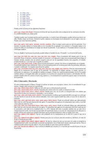     pt_shape_ring
         pt_shape_sphere
         pt_shape_flare
         pt_shape_spark
         pt_shape_explosion
         pt_shape_cloud
         pt_shape_smoke
         pt_shape_snow

Puedes poner la forma con las siguientes funciones:

part_type_shape (ind, shape): Esta pone la forma del tipo de particular como cualquiera de las constantes de arriba.
La predeterminada es pt_shape_píxel.

También puedes usar tu propias sprites para la particular, si el sprite tiene sub imagines, puedes indicar que hacer con
ellas. Puedes elegir una al azar. Animar el sprite, empieza en el principio de la animación o en un lugar a azar etc.
Puedes usar estas funciones también.

part_type_sprite (ind, sprite, animate, stretch, random): Pone tu propio sprite para un tipo de particular. Con
animate, tu puedes indicar si el sprite debe si (1) o no debe (0) se animado. Con stretch (1 o 0) puedes indicar si la
animación debe ser estrechada en el tiempo de vida de la particular. Y con random (1 o 0) puedes indicar si usas una
subimagen random.

Una vez elegido el sprite para la partícula, puedes indicar el tamaño de este. El tamaño 1 es el normal del sprite.

part_type_size (ind, size_min, size_max, size_incr, size_wiggle): Pone el parámetro del tamaño para el tipo de
partículas. Pones el mínimo y máximo tamaño al comenzar, y en cada paso (step), esta ira aumentando hasta llegar al
máximo tamaño, (puedes usar un número negativo para en vez de agrandarse hacerse más pequeño). El tamaño
predeterminado es 1, esto hace que el tamaño no cambie.
part_type_scale (ind, xscale, yscale): Pone la escala horizontal y vertical. Este factor es multiplicado con el tamaño.
La partícula también tiene orientación. Otra vez la orientación puede ser la misma para todas las partículas, diferente,
o puede ir cambiando. Los ángulos especifican los grados.
part_type_orientation (ind, ang_min, ang_max, ang_incr, ang_wiggle, ang_relative): Pone las características del
ángulo de la orientación para el tipo de la partícula. Tú especificas el ángulo mínimo, el ángulo máximo, el
incremento en cada paso y la cantidad de cambiar en ángulo. (Todos los valores predeterminados son 0.) Tu puedes
también indicar si el ángulo dado debe ser pariente (1) a la dirección actual del movimiento o del absoluto (0). Por
ejemplo fijando todos los valores a 0 pero ang_relative a 1, la orientación de la partícula seguirá exacto la trayectoria
de la partícula.

60.4.- Coloreando y Mezclando:

El color predeterminado es blanco. Cuando tú utilizas un sprite con sus propios colores, esto es normalmente lo que
deseas y ningún color necesita ser especificado.
part_type_color1 (ind, color1): Indica un solo color que se utilizará para la partícula.
part_type_color2 (ind, color1, color2): Especifica dos colores entre los cuales se interpole el color.
part_type_color3 (ind, color1, color2, color3): Similar pero esta vez el color se interpola entre tres colores que
representen el color en el comienzo, intermedio, y en el extremo.
part_type_color_mix (ind, color1, color2): Con esta función tú indicas que la partícula debe conseguir un color que
sea una mezcla al azar de los dos colores indicados. Este color seguirá siendo fijo sobre el curso de la vida de la
partícula.
part_type_color_rgb (ind, rmin, rmax, gmin, gmax, bmin, bmax): Puede ser utilizado indicar que cada partícula
debe tener un color fijo pero choosen de una gama. Tu especificas una gama en el componente rojo, verde, y azul del
color (cada uno entre 0 y 255).
part_type_color_hsv (ind, hmin, hmax, smin, smax, vmin, vmax): Puede ser utilizado indicar que cada partícula
debe tener un color fijo pero choosen de una gama. Tu especificas una gama en el componente del color (cada uno de
la saturación y del valor de la tonalidad entre 0 y 255). Además del color tu puedes también dar un valor de la
transparencia de la alfa. Las formas incorporadas de la partícula tienen ya un poco de transparencia de la alfa pero tu
puedes utilizar estos ajustes por ejemplo para hacer que la partícula desaparece sobre su tiempo de la vida.
part_type_alpha1 (ind, alpha1): Fija un solo parámetro de la transparencia de la alfa (0-1) para el tipo de la
partícula.
part_type_alpha2 (ind, alpha1, alpha2): Similar pero este vez se da un valor del comienzo y del final y el valor de
la alfa se interpola entre ellos.
part_type_alpha3 (ind, alpha1, alpha2, alpha3): Se dan los valores de esta vez tres entre los cuales se interpola la
transparencia de la alfa. Las partículas se mezclan normalmente con el fondo de la misma manera que sprites. Pero es
también posible utilizar mezclar aditivo. Esto da en detalle un gran efecto para la explosión.
part_type_blend (ind, additive): Fija si utilizar el añadido que mezcla (1) o el normal que mezcla (0) para el tipo de
la partícula.



                                                                                                                      155
 