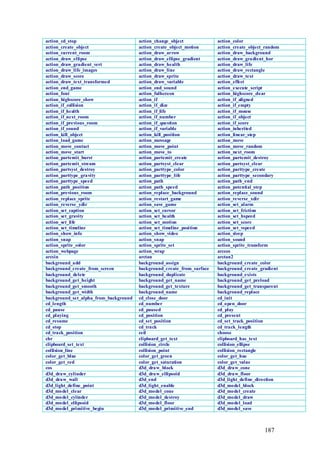 action_cd_stop                         action_change_object             action_color
action_create_object                   action_create_object_motion      action_create_object_random
action_current_room                    action_draw_arrow                action_draw_background
action_draw_ellipse                    action_draw_ellipse_gradient     action_draw_gradient_hor
action_draw_gradient_vert              action_draw_health               action_draw_life
action_draw_life_images                action_draw_line                 action_draw_rectangle
action_draw_score                      action_draw_sprite               action_draw_text
action_draw_text_transformed           action_draw_variable             action_effect
action_end_game                        action_end_sound                 action_execute_script
action_font                            action_fullscreen                action_highscore_clear
action_highscore_show                  action_if                        action_if_aligned
action_if_collision                    action_if_dice                   action_if_empty
action_if_health                       action_if_life                   action_if_mouse
action_if_next_room                    action_if_number                 action_if_object
action_if_previous_room                action_if_question               action_if_score
action_if_sound                        action_if_variable               action_inherited
action_kill_object                     action_kill_position             action_linear_step
action_load_game                       action_message                   action_move
action_move_contact                    action_move_point                action_move_random
action_move_start                      action_move_to                   action_next_room
action_partemit_burst                  action_partemit_create           action_partemit_destroy
action_partemit_stream                 action_partsyst_clear            action_partsyst_clear
action_partsyst_destroy                action_parttype_color            action_parttype_create
action_parttype_gravity                action_parttype_life             action_parttype_secondary
action_parttype_speed                  action_path                      action_path_end
action_path_position                   action_path_speed                action_potential_step
action_previous_room                   action_replace_background        action_replace_sound
action_replace_sprite                  action_restart_game              action_reverse_xdir
action_reverse_ydir                    action_save_game                 action_set_alarm
action_set_caption                     action_set_cursor                action_set_friction
action_set_gravity                     action_set_health                action_set_hspeed
action_set_life                        action_set_motion                action_set_score
action_set_timeline                    action_set_timeline_position     action_set_vspeed
action_show_info                       action_show_video                action_sleep
action_snap                            action_snap                      action_sound
action_sprite_color                    action_sprite_set                action_sprite_transform
action_webpage                         action_wrap                      arccos
arcsin                                 arctan                           arctan2
background_add                         background_assign                background_create_color
background_create_from_screen          background_create_from_surface   background_create_gradient
background_delete                      background_duplicate             background_exists
background_get_height                  background_get_name              background_get_preload
background_get_smooth                  background_get_texture           background_get_transparent
background_get_width                   background_name                  background_replace
background_set_alpha_from_background   cd_close_door                    cd_init
cd_length                              cd_number                        cd_open_door
cd_pause                               cd_paused                        cd_play
cd_playing                             cd_position                      cd_present
cd_resume                              cd_set_position                  cd_set_track_position
cd_stop                                cd_track                         cd_track_length
cd_track_position                      ceil                             choose
chr                                    clipboard_get_text               clipboard_has_text
clipboard_set_text                     collision_circle                 collision_ellipse
collision_line                         collision_point                  collision_rectangle
color_get_blue                         color_get_green                  color_get_hue
color_get_red                          color_get_saturation             color_get_value
cos                                    d3d_draw_block                   d3d_draw_cone
d3d_draw_cylinder                      d3d_draw_ellipsoid               d3d_draw_floor
d3d_draw_wall                          d3d_end                          d3d_light_define_direction
d3d_light_define_point                 d3d_light_enable                 d3d_model_block
d3d_model_clear                        d3d_model_cone                   d3d_model_create
d3d_model_cylinder                     d3d_model_destroy                d3d_model_draw
d3d_model_ellipsoid                    d3d_model_floor                  d3d_model_load
d3d_model_primitive_begin              d3d_model_primitive_end          d3d_model_save



                                                                                            187
 