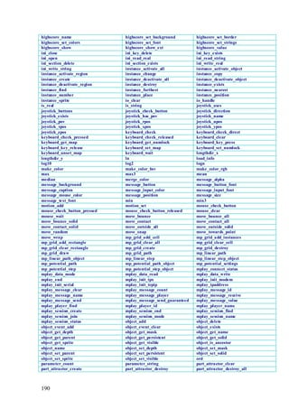 highscore_name               highscore_set_background        highscore_set_border
highscore_set_colors         highscore_set_font              highscore_set_strings
highscore_show               highscore_show_ext              highscore_value
ini_close                    ini_key_delete                  ini_key_exists
ini_open                     ini_read_real                   ini_read_string
ini_section_delete           ini_section_exists              ini_write_real
ini_write_string             instance_activate_all           instance_activate_object
instance_activate_region     instance_change                 instance_copy
instance_create              instance_deactivate_all         instance_deactivate_object
instance_deactivate_region   instance_destroy                instance_exists
instance_find                instance_furthest               instance_nearest
instance_number              instance_place                  instance_position
instance_sprite              io_clear                        io_handle
is_real                      is_string                       joystick_axes
joystick_buttons             joystick_check_button           joystick_direction
joystick_exists              joystick_has_pov                joystick_name
joystick_pov                 joystick_rpos                   joystick_upos
joystick_vpos                joystick_xpos                   joystick_ypos
joystick_zpos                keyboard_check                  keyboard_check_direct
keyboard_check_pressed       keyboard_check_released         keyboard_clear
keyboard_get_map             keyboard_get_numlock            keyboard_key_press
keyboard_key_release         keyboard_set_map                keyboard_set_numlock
keyboard_unset_map           keyboard_wait                   lengthdir_x
lengthdir_y                  ln                              load_info
log10                        log2                            logn
make_color                   make_color_hsv                  make_color_rgb
max                          max3                            mean
median                       merge_color                     message_alpha
message_background           message_button                  message_button_font
message_caption              message_input_color             message_input_font
message_mouse_color          message_position                message_size
message_text_font            min                             min3
motion_add                   motion_set                      mouse_check_button
mouse_check_button_pressed   mouse_check_button_released     mouse_clear
mouse_wait                   move_bounce                     move_bounce_all
move_bounce_solid            move_contact                    move_contact_all
move_contact_solid           move_outside_all                move_outside_solid
move_random                  move_snap                       move_towards_point
move_wrap                    mp_grid_add_cell                mp_grid_add_instances
mp_grid_add_rectangle        mp_grid_clear_all               mp_grid_clear_cell
mp_grid_clear_rectangle      mp_grid_create                  mp_grid_destroy
mp_grid_draw                 mp_grid_path                    mp_linear_path
mp_linear_path_object        mp_linear_step                  mp_linear_step_object
mp_potential_path            mp_potential_path_object        mp_potential_settings
mp_potential_step            mp_potential_step_object        mplay_connect_status
mplay_data_mode              mplay_data_read                 mplay_data_write
mplay_end                    mplay_init_ipx                  mplay_init_modem
mplay_init_serial            mplay_init_tcpip                mplay_ipaddress
mplay_message_clear          mplay_message_count             mplay_message_id
mplay_message_name           mplay_message_player            mplay_message_receive
mplay_message_send           mplay_message_send_guaranteed   mplay_message_value
mplay_player_find            mplay_player_id                 mplay_player_name
mplay_session_create         mplay_session_end               mplay_session_find
mplay_session_join           mplay_session_mode              mplay_session_name
mplay_session_status         object_add                      object_delete
object_event_add             object_event_clear              object_exists
object_get_depth             object_get_mask                 object_get_name
object_get_parent            object_get_persistent           object_get_solid
object_get_sprite            object_get_visible              object_is_ancestor
object_name                  object_set_depth                object_set_mask
object_set_parent            object_set_persistent           object_set_solid
object_set_sprite            object_set_visible              ord
parameter_count              parameter_string                part_attractor_clear
part_attractor_create        part_attractor_destroy          part_attractor_destroy_all



190
 