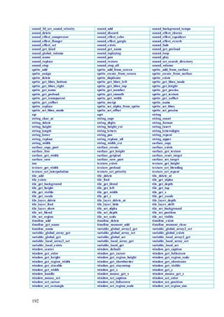 sound_3d_set_sound_velocity   sound_add                      sound_background_tempo
sound_delete                  sound_discard                  sound_effect_chorus
sound_effect_compressor       sound_effect_echo              sound_effect_equalizer
sound_effect_flanger          sound_effect_gargle            sound_effect_reverb
sound_effect_set              sound_exists                   sound_fade
sound_get_kind                sound_get_name                 sound_get_preload
sound_global_volume           sound_isplaying                sound_loop
sound_name                    sound_pan                      sound_play
sound_replace                 sound_restore                  sound_set_search_directory
sound_stop                    sound_stop_all                 sound_volume
sprite_add                    sprite_add_from_screen         sprite_add_from_surface
sprite_assign                 sprite_create_from_screen      sprite_create_from_surface
sprite_delete                 sprite_duplicate               sprite_exists
sprite_get_bbox_bottom        sprite_get_bbox_left           sprite_get_bbox_mode
sprite_get_bbox_right         sprite_get_bbox_top            sprite_get_height
sprite_get_name               sprite_get_number              sprite_get_precise
sprite_get_preload            sprite_get_smooth              sprite_get_texture
sprite_get_transparent        sprite_get_width               sprite_get_xoffset
sprite_get_yoffset            sprite_merge                   sprite_name
sprite_replace                sprite_set_alpha_from_sprite   sprite_set_bbox
sprite_set_bbox_mode          sprite_set_offset              sprite_set_precise
sqr                           sqrt                           string
string_char_at                string_copy                    string_count
string_delete                 string_digits                  string_format
string_height                 string_height_ext              string_insert
string_length                 string_letters                 string_lettersdigits
string_lower                  string_pos                     string_repeat
string_replace                string_replace_all             string_upper
string_width                  string_width_ext               surface_copy
surface_copy_part             surface_create                 surface_exists
surface_free                  surface_get_height             surface_get_texture
surface_get_width             surface_getpixel               surface_reset_target
surface_save                  surface_save_part              surface_set_target
tan                           texture_exists                 texture_get_height
texture_get_width             texture_preload                texture_set_blending
texture_set_interpolation     texture_set_priority           texture_set_repeat
tile_add                      tile_delete                    tile_delete_at
tile_exists                   tile_find                      tile_get_alpha
tile_get_background           tile_get_blend                 tile_get_depth
tile_get_height               tile_get_left                  tile_get_top
tile_get_visible              tile_get_width                 tile_get_x
tile_get_xscale               tile_get_y                     tile_get_yscale
tile_layer_delete             tile_layer_delete_at           tile_layer_depth
tile_layer_find               tile_layer_hide                tile_layer_shift
tile_layer_show               tile_set_alpha                 tile_set_background
tile_set_blend                tile_set_depth                 tile_set_position
tile_set_region               tile_set_scale                 tile_set_visible
timeline_add                  timeline_delete                timeline_exists
timeline_get_name             timeline_moment_add            timeline_moment_clear
timeline_name                 variable_global_array2_get     variable_global_array2_set
variable_global_array_get     variable_global_array_set      variable_global_exists
variable_global_get           variable_global_set            variable_local_array2_get
variable_local_array2_set     variable_local_array_get       variable_local_array_set
variable_local_exists         variable_local_get             variable_local_set
window_center                 window_default                 window_get_caption
window_get_color              window_get_cursor              window_get_fullscreen
window_get_height             window_get_region_height       window_get_region_scale
window_get_region_width       window_get_showborder          window_get_showicons
window_get_sizeable           window_get_stayontop           window_get_visible
window_get_width              window_get_x                   window_get_y
window_handle                 window_mouse_get_x             window_mouse_get_y
window_mouse_set              window_set_caption             window_set_color
window_set_cursor             window_set_fullscreen          window_set_position
window_set_rectangle          window_set_region_scale        window_set_region_size



192
 