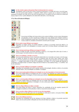 Set the window caption information (Fijar la información de la ventana):
          Normalmente, junto al titulo de la venta se muestra la puntuación y el nombre del cuarto o nivel del juego.
          Con esta acción puedes quitarlos o cambiarlos. Debes indicar si quieres que se muestre el nombre, la
puntuación, la energía o las vidas; esto es muy útil si no quieres que se vea nada de esto en el titulo de la ventana del
juego, porque tú tal vez quieres dibujarlo en otro lado dentro del cuarto, o nivel del juego.

17.6.- Draw (Pestaña de Di bujo):




                     Las acciones de Dibujo solo tienen efecto en los eventos de dibujo; en otros eventos básicamente
                     son ignoradas, por favor recuerda que el dibujar otras cosas además de las imágenes (sprites) y
                     fondos (backgrounds) puede hacer relativamente lento el desarrollo del juego, así que usa estos
                     eventos cuando los consideres estrictamente necesario para tus juegos.

            Draw a sprite image (Dibujar una imagen):
            Especificas la imagen (sprite), la posición (absoluta o relativa a la posición actual del objeto) y la
            subimagen del sprite. (Las subimágenes se numeran a partir de 0) Si deseas dibujar la subimagen actual,
utiliza el número -1.

          Draw a background image (Dibuja una imagen de fondo):
          Indicas la imagen de fondo, la posición (absoluta o relativa) y si la imagen debe cubrir todo el cuarto, o
          nivel de juego o solo debe de hacer en ciertas coordenadas.

           Draw a text (Dibujar –Escribir- un texto):
           Con esta acción especificas el texto y la posición donde debe de ser mostrado en el cuarto o nivel de juego.
           El símbolo de número (#) dentro del texto se interpreta como una nueva línea. Puedes crear textos
multilínea. Si el texto comienza con comillas simples o dobles, se interpreta como expresión. Por ejemplo, puedes
utilizar „x: „ + string(X) para exhibir el valor de la coordenada x del objeto. (X es una variable que almacena la
coordenada X del objeto actual. La función string() convierte el número en una (cadena) string, y (+) combina / une
las dos sentencias).

          Draw a rectangle (Dibuja un rectángulo o cuadrado):
          Especificas las coordenadas de las dos esquinas opuestas del rectángulo; absoluta o relativa a la posición
          actual del objeto y hay será dibujado un cuadrado o rectángulo.

          Draw a horizontal gradient (Dibuja un rectángulo con un color degradado en forma horizontal):
          Esta acción también dibuja un rectángulo pero esta vez usando color degradado que cambia de izquierda a
          derecha. Especificas el rectángulo y los dos colores para utilizarlo. Esta acción está solamente disponible en
la versión registrada.

         Draw a vertical gradient (Dibuja un rectángulo con un color degradado en forma vertical):
         Esta acción también dibuja un rectángulo pero esta vez usando color degradado que cambia de la parte
         superior a la inferior. Especificas el rectángulo y los dos colores para utilizar. Esta acción está solamente
disponible en la versión registrada.

          Draw an ellipse (Dibuja un eclipse o círculo):
          Esta acción dibuja una elipse o circulo. Especificas las coordenadas de las dos esquinas opuestas del
          rectángulo circundante; en forma absoluta o relativa a la posición actual del objeto.

          Draw a gradient ellipse (Dibuja un círculo con un color degradado):
          Se dibuja otra vez una elipse pero esta vez especificas un color para el centro y otro para el límite. Esta
          acción está solamente disponible en la versión registrada.

          Draw a line (Dibuja una línea):
          Especificas las coordenadas de los dos extremos de la línea; absoluta o relativa a la posición actual del
          objeto, con esta acción puedes ir dibujando una línea atrás del objeto por ejemplo.




                                                                                                                     39
 
