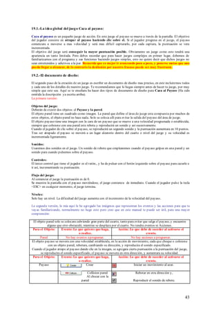 19.1.-La i dea global del jueg o Caza al payaso:

Caza al payaso es un pequeño juego de acción. En este juego el payaso se mueve a través de la pantalla. El objetivo
del jugador consiste en atrapar al payaso haciendo clic sobre el. Si el jugador progresa en el juego, el payaso
comenzara a moverse a mas velocidad y será mas difícil capturarlo, por cada captura, la puntuación se vera
incrementada.
El objetivo del juego será conseguir la mayor puntuación posible. Obviamente un juego como este tendrá una
apariencia un tanto limitada. Pero debes recordar que para hacer juegos complejos en primer lugar, debemos de
familiarizarnos con el programa y sus funciones haciendo juegos simples, esto no quiere decir que dichos juegos no
sean entretenidos y adictivos a la par. Recuerda que es mejor ir avanzando poco a poco, y ponerse metas que uno
pueda llegar a alcanzar, de lo contrario la desilusión por nuestro fracaso puede ser muy frustrante.

19.2.-El documento de diseño:

El segundo paso de la creación de un juego es escribir un documento de diseño mas preciso, en este incluiremos todos
y cada uno de los detalles de nuestro juego. Te recomendamos que lo hagas siempre antes de hacer tu juego, por muy
simple que este sea. Aquí se te enseñara ha hacer dos tipos de documento de diseño para Caza al Payaso (Ha sido
omitida la descripción ya escrita arriba).
La primera versión:

Objetos del juego:
Deberán de existir dos objetos: el Payaso y la pared.
El objeto pared tiene un cuadrado como imagen. La pared que define el área de juego esta compuesta por muchos de
estos objetos, el objeto pared no hace nada. Solo se coloca allí para evitar la salida del payaso del área de juego.
El objeto payaso tiene una imagen con la cara de un payaso que se mueve a una velocidad programada o establecida,
siempre que colisione con una pared este rebota y reproducirá un sonido y así sucesivamente.
Cuando el jugador de clic sobre el payaso, se reproducirá un segundo sonido y la puntuación aumentara en 10 puntos.
Tras ser atrapado el payaso se moverá a un lugar aleatorio dentro del cuarto o nivel del juego y su velocidad es
incrementada ligeramente.

S onidos:
Usaremos dos sonidos en el juego. Un sonido de rebote que emplearemos cuando el payaso golpee en una pared y un
sonido para cuando pulsemos sobre el payaso.

Controles:
El único control que tiene el jugador es el ratón., y ha de pulsar con el botón izquierdo sobre el payaso para cazarlo e
ir así, incrementando su puntuación.

Flujo del juego:
Al comenzar el juego la puntuación es de 0.
Se muestra la pantalla con el payaso moviéndose, el juego comienza de inmediato. Cuando el jugador puls e la tecla
<ESC> en cualquier momento, el juego termina.

Niveles:
Solo hay un nivel. La dificultad del juego aumenta con el incremento de la velocidad del payaso.

La segunda versión, la mía aquí le he agregado las imágenes que representan los eventos y las acciones para que te
vayas familiarizando, normalmente no hago esto pero creo que en este manual te puede ser útil, para una mayor
comprensión:

 El objeto pared solo se colocara cubriendo gran parte del cuarto, tanto para evitar que salga el payaso, y encuentre
            alguno que otro obstaculó, mientras se desplaza por el cuarto. No tendra eventos ni Acciones.
Para el Objeto:        Evento: Lo que quieres que haga,          Acción: Lo que debe de suceder al activarse el
                                    o realice.                                         evento.
      Pared                No hay eventos a programar.                     No hay acciones a programar.
El objeto payaso se movera con una velocidad establecida, en la acción de movimiento, cada que choque o colisione
             con un objeto pared, rebotara, cambiando su dirección, y reproducira el sonido especificado.
Cuando el jugador atrape al payaso dando clic en la imagen, se agregara cierta puntuación a la puntuación del juego,
       se reproducira el sonido especificado, el payaso se movera en otra dirección, y aumentara su velocidad.
Para el Objeto:        Evento: Lo que quieres que haga,          Acción: Lo que debe de suceder al activarse el
                                    o realice.                                         evento.
     Payaso                               Crear                              Iniciar un movimiento al azar.

                                         Collision pared                       Rebotar en otra dirección y ,
                                         Al chocar con la
                                     pared                                   Reproducir el sonido de rebote.




                                                                                                                    43
 