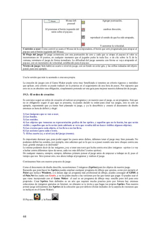 M ouse left                          Agregar puntuación,
                                             pressed

                      Al presionar el botón izquierdo del                          cambiar dirección,
                            ratón sobre el payaso.

                                                                     reproducir el sonido de que ha sido atrapado,


                                                                              Y aumentar la velocidad.
Controles a usar: Como control se usara el M ouse de la computadora, el botón que será programada para atrap ar al
payaso será el botón izquierdo del M ouse.
El Flujo del juego: El juego comenzara con una puntuación de cero y cada que se atrape al payaso el valor se
incrementara en 10 puntos, en cualquier momento que el jugador pulse la tecla Esc. o de clic sobre la X de la
ventana, terminara el juego de forma inmediata. La dificultad del juego aumenta con forme se vaya atrapando al
payaso, con un incremento de velocidad, establecido para el payaso.
Niveles de juego: Solo habrá un cuarto o nivel de juego, con un fondo en color gris, y las orillas rodeadas del objeto
pared, para este ejemplo.


Usa la versión que más te acomode o crea una propia.

La creación de juegos con el Game M aker puede verse muy beneficiada si tenemos un criterio riguroso y metódico
que aplicar; este criterio se puede traducir en la práctica en el seguimiento de una lista de pasos. Por supuesto que
esto no es en absoluto una obligación, simplemente pretende ser una guía para mejorar nuestra elaboración de juegos.

19.3.- El orden de creación:

Es conviene seguir un orden de creación al realizar un programa y en nuestro caso el juego, es un programa. Aún que
no es obligatorio seguir el que aquí se presenta, tú puedes decidir tu orden para crear tus juegos, este es solo un
ejemplo, suponiendo que ya tienes bien planeado tu juego, y ya lo describiste y creaste el documento de diseño
entonces es hora de definir y elegir:

1) Las imágenes que se van a usar.
2) Los fondos.
3) Los sonidos.
4) Los objetos que tomaran su representación grafica de los sprites, y aquellos que no lo harán, los que serán
visible y aquellos que no lo serán (más adelante se vera que resulta útil no hacer visibles algunos objetos).
5) Los eventos para cada objeto, si los lleva o no los lleva.
6) Las acciones para cada e vento.
7) El/los cuarto (s), o nivel (es) del juego (rooms).

Es importante destacar que, para poder seguir los pasos antes dichos, debemos tener el juego muy bien pensado. No
podemos definir los sonidos, por ejemplo, sino sabemos qué es lo que va a pasar cuando una nave choque contra una
roca: ¿pierde energía o es destruida?
Lo mismo podemos decir de las imágenes ¿voy a tener una nave que lucha contra otra (dos imágenes –sprites-) o voy
a luchar contra diferentes tipos de naves, cada vez más difíciles? (varios sprites).
De cualquier manera, siempre, siempre, debemos primero pensar el juego antes de empezar a trabajar en él, pues el
tiempo que nos lleve pensar esto, nos ahora trabajo al programar y realizar el juego.

Continuemos bien con nuestro proyecto de juego:

Como el documento de diseño describe, necesitaremos 2 imágenes (S prites) para los objetos de nuestro juego.
Recuerda que para hacer los S prites puedes emplear cualquier programa de dibujo que quieras, como por ejemplo el
Paint que incluye Windows, o si deseas algo un programa más profesional de dibujo, puedes conseguir el GIMP, o
el Pain.Net los cuales son Gratis, y no les piden mucho a las versiones por las que tienes que pagar. O puedes usar el
que viene incorporado con el Game Maker el cual es un programa de dibujo muy sencillo pero útil para este
propósito. Crear S prites bien definidos es un arte que requiere mucha practica pero por fortuna hay extensas
colecciones de imágenes gratuitas en Internet, no obstante se te invita a que hagas tus propios S prites. Para nuestro
primer juego utilizaremos dos S prites de la colección que por defecto (Están incluidos en la carpeta de resources que
se incluyen en el Game M aker).



El Payaso,         y la Pared        .




44
 