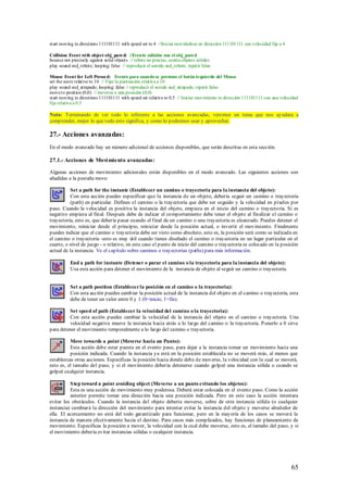 start moving in directions 111101111 with speed set to 4 //Iniciar moviéndose en dirección 111101111 con velocidad fija a 4

Collision Event with object obj_pared: //Evento colisión con el obj_pared
bounce not precisely against solid objects // rebote no preciso, contra objetos sólidos
play sound snd_rebote; looping: false // reproducir el sonido snd_rebote; repetir falso

Mouse Event for Left Pressed: Evento para cuando se presione el botón izquierdo del Mouse
set the score relative to 10 // Fijar la puntuación relativa a 10
play sound snd_atrapado; looping: false // reproducir el sonido snd_atrapado; repetir falso
move to position (0,0) // moverse a una posición (0,0)
start moving in directions 111101111 with speed set relative to 0.5 // Iniciar movimiento in dirección 111101111 con una velocidad
fija relativa a 0.5

Nota: Terminando de ver todo lo referente a las acciones avanzadas, veremos un tema que nos ayudara a
comprender, mejor lo que todo esto significa, y como lo podremos usar y aprovechar.

27.- Acciones avanzadas:
En el modo avanzado hay un número adicional de acciones disponibles, que serán descritas en esta sección.

27.1.- Acciones de Movi miento avanzadas:

Algunas acciones de movimiento adicionales están disponibles en el modo avanzado. Las siguientes acciones son
añadidas a la pestaña move:

           Set a path for the instante (Establecer un camino o trayectoria para la instancia del objeto):
           Con esta acción puedes especificar que la instancia de un objeto, debería seguir un camino o trayectoria
           (path) en particular. Defines el camino o la trayectoria que debe ser seguido y la velocidad en píxeles por
paso. Cuando la velocidad es positiva la instancia del objeto, empieza en el inicio del camino o trayecto ria. Si es
negativo empieza al final. Después debe de indicar el comportamiento debe tener el objeto al finalizar el camino o
trayectoria, esto es, que debería pasar cuando el final de un camino o una trayectoria es alcanzado. Puedes detener el
movimiento, reiniciar desde el principio, reiniciar desde la posición actual, o invertir el movimiento. Finalmente
puedes indicar que el camino o trayectoria debe ser visto como absoluto, esto es, la posición será como se indicada en
el camino o trayectoria -esto es muy útil cuando tienes diseñado el camino o trayectoria en un lugar particular en el
cuarto, o nivel de juego - o relativo, en este caso el punto de inicio del camino o trayectoria es colocado en la posición
actual de la instancia. Ve el capítulo sobre caminos o trayectorias (paths) para más información.

           End a path for instante (Detener o parar el camino o la trayectoria para la instancia del objeto):
           Usa esta acción para detener el movimiento de la instancia de objeto al seguir un camino o trayectoria.


           Set a path position (Establecer la posición en el camino o la trayectoria):
           Con esta acción puedes cambiar la posición actual de la instancia del objeto en el camino o trayectoria, esta
           debe de tener un valor entre 0 y 1 (0=inicio, 1=fin).

          Set speed of path (Establecer la velocidad del camino o la trayectoria):
          Con esta acción puedes cambiar la velocidad de la instancia del objeto en el camino o trayectoria. Una
          velocidad negativa mueve la instancia hacia atrás a lo largo del camino o la trayectoria. P onerlo a 0 sirve
para detener el movimiento temporalmente a lo largo del camino o trayectoria.

          Move towards a point (Moverse hacia un Punto):
          Esta acción debe estar puesta en el evento paso, para dejar a la instancia tomar un movimiento hacia una
          posición indicada. Cuando la instancia ya está en la posición establecida no se moverá más, al menos que
establezcas otras acciones. Especificas la posición hacia donde debe de moverse, la velocidad con la cual se moverá,
esto es, el tamaño del paso, y si el movimiento debería detenerse cuando golpeé una instancia sólida o cuando se
golpeé cualquier instancia.

          S tep toward a point avoiding object (Moverse a un punto evitando los objetos):
          Esta es una acción de movimiento muy poderosa. Deberá estar colocada en el evento paso. Como la acción
          anterior permite tomar una dirección hacia una posición indicada. Pero en este caso la acción intentara
evitar los obstáculos. Cuando la instancia del objeto debería moverse, sobre de otra instancia sólida (o cualquier
instancia) cambiará la dirección del movimiento para intentar evitar la instancia del objeto y moverse alrededor de
ella. El acercamiento no está del todo garantizado para funcionar, pero en la mayoría de los casos se moverá la
instancia de manera efectivamente hacia el destino. Para casos más complicados, hay funciones de planeamiento de
movimiento. Especificas la posición a mover, la velocidad con la cual debe moverse, esto es, el tamaño del paso, y si
el movimiento debería evitar instancias sólidas o cualquier instancia.




                                                                                                                              65
 