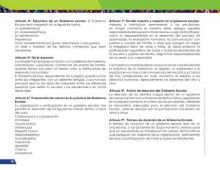 ¡Expresémonos!
Participemos
y
vivamos
en
democracia
102
Artículo 4º. Estructura de un Gobierno escolar. El Gobierno
Escolar está integrado en la siguiente forma:
Un presidente(a)
Un vicepresidente(a)
Un secretario(a)
Tesorero(a)
Un(a) representante por grado (electos por cada grado)
Un líder o lidereza de las distintas comisiones que sean
necesarias.
Artículo 5º. De la Asesoría:
Los Gobiernos Escolares contarán con la asesoría de maestros,
orientadores, supervisores, Comisiones de padres de familia,
quienes tienen voz pero no tienen voto, e instituciones de
desarrollo comunitario.
El Gobierno Escolar, dependiendo de la región, puede contar
entre sus integrantes, con un asistente bilingüe, cuya función
principal será la de servir de intérprete entre las diferentes
personas que visiten la escuela y los estudiantes y en actos
especiales.
Artículo 6º. El desarrollo de valores en la práctica del Gobierno
Escolar.
La organización y participación en un gobierno escolar, nos
permite el desarrollo de los siguientes valores dentro y fuera
del aula:
Colaboración y cooperación
Honradez
Ayuda mutua
Solidaridad
Respeto mutuo
Responsabilidad
Autodisciplina
Tolerancia
Igualdad
Civismo
Honestidad
Artículo 7º. Rol del maestro y maestra en el gobierno escolar.
Asesoría y orientación permanente a los estudiantes,
en ningún momento el maestro debe delegar aquellas
responsabilidades que son inherentes a su cargo de facilitador,
como la responsabilidad en el desarrollo del proceso de
aprendizaje, la evaluación formativa, la comunicación con
padres y madres de familia u otras que pongan en riesgo
la integridad física de niños y niñas. Se debe propiciar la
participación equitativa de todas y todos los estudiantes de
la escuela y padres de familia, asignando responsabilidades
de acuerdo a su capacidad.
Losmaestrosymaestrasdebenpropiciarenlosylasestudiantes
la práctica de la tolerancia, el respeto, la solidaridad y la
equidad en un marco de convivencia democrática y Cultura
de Paz, fortaleciendo en todo momento el respeto a los
derechos humanos, especialmente los derechos del niño y
niña.
Artículo 8º. Forma de elección del Gobierno Escolar:
La elección de los distintos cargos dentro de un gobierno
escolarseharáenformatotalmentedemocrática,respetando
en cualquier momento el criterio de los estudiantes, utilizando
el mecanismo adecuado para la elección del Gobierno
Escolar, velando siempre por la participación equitativa de
niños y niñas.
Artículo 9º. Tiempo de duración de un Gobierno Escolar.
El tiempo de duración de un gobierno escolar será de un
año lectivo, y los docentes en todo momento velarán para
que en ese período se fortalezcan los valores democráticos
que persiguen los objetivos de su organización, estimulando
siempre la participación de todos y todas las estudiantes.
 