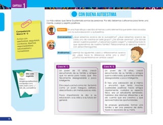 ¡Expresémonos!
Participemos
y
vivamos
en
democracia
12
Capítulo 1
Expreso En una hoja dibujo o escribo al menos cuatro elementos que estén relacionados
con la autovaloración o autoestima.
Lo más valioso que tiene Guatemala somos las personas. Por ello debemos cultivarnos para tener una
mente, cuerpo y espíritu positivos.
Conversemos ¿Qué sabemos acerca de la autoestima? ¿Qué sabemos acerca de
cada uno de nosotros en este grupo? ¿De dónde venimos? ¿De dónde
vienen nuestros padres? ¿Valoramos nuestro origen? ¿Valoramos todo lo
que aprendimos de nuestra familia? Relacionemos el ejercicio anterior
con estas interrogantes.
Analicemos Leemos los siguientes casos y reflexionamos acerca
de: ¿Qué hace la diferencia entre uno y otro?
¿Cómo nos sentiríamos en ambos casos?
Caso N.o
1 Caso N.o
2
Un joven de 15 años, creció
escuchando de su familia y amigos
que no servía para nada, que era
físicamente desagradable y poco
inteligente.
Él lo creyó y actuó como tal. Se formó
como un joven inseguro, solitario,
desconfiado y sin metas para su vida.
Poca importancia le dio a su
educación; a su vida y a su futuro en
general.
Un joven de 15 años, creció
escuchando de su familia y amigos
quenovalíanada,queerafísicamente
desagradable y poco inteligente.
Él hizo una valoración de sí mismo
y encontró que tenía muchas
cualidades positivas: hacía amigos
rápidamente, cuidaba su aspecto
físico, era un estudiante esmerado,
hablaba dos idiomas diferentes y se
dio cuenta que era creativo y que
aprovechaba las oportunidades.
Se propuso graduarse, formar una
familia y ser una persona de éxito.
Nada lo separaría de su meta.
CON BUENA AUTOESTIMA
Competencia
Marco N.o
2
Actúa con
asertividad, seguridad,
confianza, libertad,
responsabilidad,
laboriosidad y
honestidad.
Sitio web
sugerido
https://
bloglenguayliteratura.
wordpress.com/
web.clarin.com/.../
test_de_autoestima
 