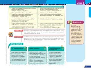 ¡Expresémonos!
Participemos
y
vivamos
en
democracia
23
Capítulo 1
Declaremos
Investigo más Invitamos a representantes de los Derechos Humanos de la región, para
que nos amplíen este tema. Les entrevistamos y exponemos nuestras
dudas u opiniones del tema.
Organicemos Un diálogo para establecer en qué nos ayuda conocer nuestra historia
y por qué es importante conocer el pasado. Invitamos a profesionales
expertos en el tema (historiador, antropólogo, sociólogo, otro) para
que nos amplíen la información.
Cápsulas Formativas
Los Acuerdos de Paz:
Es un nuevo pacto social.
Son compromisos que
asumió el Estado de
Guatemala que deben
respetarse y cumplirse.
Son la base para convivir
en una sociedad en paz.
La paz verdadera:
Su construcción exige
priorizar el bien colectivo. No
depende de documentos,
sino de la correcta
conducta de cada persona
y pueblo.
Actuar con honestidad,
justicia y solidaridad es la
base de la paz verdadera.
Construyamos juntos
un país en paz:
Si cada guatemalteco
se esfuerza por ser un
ciudadano responsable
y asume sus derechos
y obligaciones,
estaremos impactando
positivamente nuestro
entorno y por ende
nuestro país.
Seremos
embajadores de
paz en todo lugar,
nos esforzaremos en
entender nuestra
historia y construir
una nueva nación,
en donde el diálogo
y la conciliación de
nuestras diferencias,
sean siempre los
instrumentos para
convivir todos en
armonía.
ACUERDOS DE PAZ
1.- Acuerdo marco sobre democratización para la búsqueda
de la paz por medios políticos.
(Querétaro, México. 25 de julio de 1991)
7.- Acuerdo sobre fortalecimiento del poder civil y función
del Ejército en una sociedad democrática.
(Distrito Federal, México. 19 de septiembre de 1996)
2.- Acuerdo global sobre Derechos Humanos.
(Distrito Federal, México. 29 de marzo de 1994)
8.- Acuerdo sobre el definitivo cese al fuego.
(Oslo, Noruega. 4 de diciembre de 1996)
3.- Acuerdo para el resarcimiento de las poblaciones
desarraigadas por el enfrentamiento armado.
(Oslo, Noruega. 17 de junio de 1994)
9.- Acuerdo sobre reformas constitucionales y régimen
electoral. (Estocolmo, Suecia. 7 de diciembre de 1996)
4.- Acuerdo sobre el establecimiento de la Comisión para el
esclarecimiento histórico de las violaciones a los Derechos
Humanos y los hechos de violencia que han causado
sufrimientos a la población guatemalteca.
(Oslo, Noruega. 23 de junio de 1994)
10.- Acuerdo sobre bases para la incorporación de la
Unidad Revolucionaria Nacional Guatemalteca a la
legalidad. (Madrid, España. 12 de diciembre de 1996)
5.- Acuerdo sobre identidad y derechos de los pueblos
indígenas. (Distrito Federal, México. 31 de marzo de 1995)
11.- Acuerdo sobre el cronograma para la implementación,
cumplimiento y verificación de los acuerdos de paz.
(Ciudad de Guatemala, 29 de diciembre de 1996)
6.- Acuerdo sobre aspectos socioeconómicos y situación
agraria. (Distrito Federal, México. 6 de mayo de 1996)
12.- Acuerdo de paz firme y duradera.
(Ciudad de Guatemala, 29 de diciembre 1996)
 