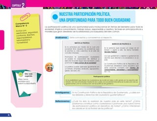 ¡Expresémonos!
Participemos
y
vivamos
en
democracia
36
Capítulo 2
La participación política es una oportunidad para involucrarnos en temas de bienestar para toda la
sociedad. Implica conocimiento, trabajo arduo, responsable y creativo. Se basa en principios éticos y
morales que giran alrededor de la solidaridad y la búsqueda del bien común.
Nuestra Participación Política,
Una Oportunidad para todo Buen Ciudadano
Analicemos Estos conceptos y conversemos al respecto.
Investiguemos En la Constitución Política de la República de Guatemala, ¿cuáles son
los deberes y derechos del ciudadano guatemalteco?
Reflexionemos ¿Cuál ha sido la realidad de nuestro país en este tema? ¿Cómo
podríamos contribuir como ciudadanos a promover una nueva forma
de participación política en beneficio de todos? ¿Cómo intervienen
los valores en la actividad de los políticos?
Competencia
Marco N.o
2
Actúa con
asertividad, seguridad,
confianza, libertad,
responsabilidad,
laboriosidad y
honestidad. QUÉ ES LA POLÍTICA
Es la actividad por medio de la cual una
sociedad libre resuelve los problemas que
le plantea su vida colectiva. Es el arte de
conciliar intereses.
Promueve la participación ciudadana
al poseer la capacidad de distribuir y
ejecutar el poder según sea necesario, para
promover el bien común de la sociedad.
La política puede aplicarse igualmente en
un Estado, empresa, sindicato, agrupación,
iglesia, escuela, etc.
Participación política
Es la posibilidad que tienen los ciudadanos de incidir en bajo o alto grado en los asuntos del
Estado. Son las actividades mediante las cuales una sociedad interviene en la elección de sus
gobernantes y en la construcción de las políticas de gobierno.
QUÍEN ES UN POLÍTICO/A
Es la persona que ocupa un cargo en el
Estado o aspira a ello. Se llama también
Servidor Público.
Los que gobiernan o aspiran a gobernar los
asuntos que afectan a la sociedad o a un
país.
La Constitución Política de la República de
Guatemala establece como requisitos que
estas personas cumplan con méritos de
conocimiento, idoneidad y honorabilidad.
Art. 113.
Sitio web
sugerido
https://www.
youtube.com/
watch?v=0SZZvtReBTk
 