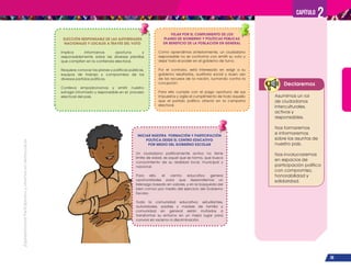 ¡Expresémonos!
Participemos
y
vivamos
en
democracia
39
Capítulo 2
Declaremos
ELECCIÓN RESPONSABLE DE LAS AUTORIDADES
NACIONALES Y LOCALES A TRAVÉS DEL VOTO
Implica informarnos oportuna y
responsablemente sobre las diversas planillas
que compiten en la contienda electoral.
Requiere conocer los planes y políticas públicas,
equipos de trabajo y compromisos de los
diversos partidos políticos.
Conlleva empadronarnos y emitir nuestro
sufragio informado y responsable en el proceso
electoral del país.
VELAR POR EL CUMPLIMIENTO DE LOS
PLANES DE GOBIERNO Y POLÍTICAS PÚBLICAS
EN BENEFICIO DE LA POBLACIÓN EN GENERAL
Como aprendimos anteriormente, un ciudadano
responsable no se conforma con emitir su voto y
dejar todo el poder en el gobierno de turno.
Por el contrario, está interesado en exigir a su
gobierno resultados, auditoría social y buen uso
de los recursos de la nación, luchando contra la
corrupción.
Para ello cumple con el pago oportuno de sus
impuestos y vigila el cumplimiento de todo aquello
que el partido político ofreció en la campaña
electoral.
INICIAR NUESTRA FORMACIÓN Y PARTICIPACIÓN
POLÍTICA DESDE EL CENTRO EDUCATIVO
POR MEDIO DEL GOBIERNO ESCOLAR
Un ciudadano políticamente activo no tiene
límite de edad, es aquel que se forma, que busca
conocimiento de su realidad local, municipal y
nacional.
Para ello, el centro educativo genera
oportunidades para que desarrollemos un
liderazgo basado en valores, y en la búsqueda del
bien común por medio del ejercicio del Gobierno
Escolar.
Toda la comunidad educativa: estudiantes,
autoridades, padres y madres de familia y
comunidad en general están invitados a
transformar su entorno en un mejor lugar para
convivir sin racismo ni discriminación.
Asumimos un rol
de ciudadanos
interculturales,
activos y
responsables.
Nos formaremos
e informaremos
sobre los asuntos de
nuestro país.
Nos involucraremos
en espacios de
participación política
con compromiso,
honorabilidad y
solidaridad.
 