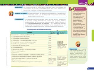 ¡Expresémonos!
Participemos
y
vivamos
en
democracia
49
Capítulo 3
Cronograma de Actividades a Desarrollar
Tomemos en cuenta Que en lo sucesivo de este capítulo revisaremos a detalle cómo
desarrollar cada uno de los pasos mencionados en la ruta
presentada anteriormente.
Elaboremos Un cartel
con la ruta de trabajo y la
tabla de distribución del
tiempo (cronograma). Lo
colocamos en un lugar
visible para informar a los
estudiantes y autoridades
educativas.
Analicemos La importancia de no omitir alguno de estos pasos y que tanto los
participantes de la Junta Electoral Estudiantil -JEE-, como del Gobierno
Escolar -GE-, cumplan con sus responsabilidades.
Consideremos Otro elemento importante es el buen uso del tiempo. Analicemos
el siguiente cuadro, tomando en cuenta que la fecha máxima
establecida por el Ministerio de Educación para elegir al Gobierno
Escolar es el primer trimestre de cada año. Cinco días hábiles después
de esta fecha la dirección del establecimiento deberá informar del
cumplimiento de esta norma a la supervisión educativa respectiva.
Actividad Tiempo
sugerido
Tomar en
cuenta
1. Elección de la Junta Electoral Estudiantil -JEE- 1 día
La toma de
posesión de
la planilla y
comisiones electas
debe ser como
máximo el último
día hábil del mes
de marzo.
2. Campaña informativa del proceso. 4 días
3. Campaña de empadronamiento. 1 día
4. Capacitación a Juntas Receptoras de Votos -JRV- 1 día
5. Formación de planillas y comisiones de trabajo. 2 días
6. Identificación y priorización de necesidades. 2 días
7. Preparación de planes de trabajo. 5 días
8. Campaña electoral. 5 días
9. Inscripción de planillas y comisiones de trabajo. 1 día
10. Foros y debates públicos. 1 día
11. Votaciones. 1 día
12. Toma de posesión de la planilla y comisiones de trabajo electas. 1 día
13. Ejecución de actividades contenidas en el plan de trabajo.
De la toma de
posesión hasta
cuando decida
la comisión
o quede
regulado en los
estatutos.
Se sugiere que
inicie en el mes de
marzo y concluya
en septiembre.
14. Información permanente y rendición de cuentas.
15. Auditoría social.
16. Preparación para la transición al próximo Gobierno Escolar. Se sugiere realizarla
en el mes de
octubre antes que
concluya el ciclo
escolar.
Declaremos
Hoy inicia nuestra
vida cívica, política
y ciudadana
como estudiantes.
Trabajamos con
amor, pasión, orgullo
y generosidad
junto a nuestros
compañeros,
director y docentes/
facilitadores. Somos
constructores de
una nueva forma de
convivencia, basada
en el respeto, trabajo
en equipo y la
satisfacción de servir
a los demás.
 