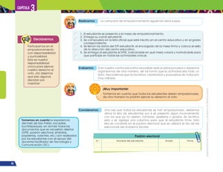 ¡Expresémonos!
Participemos
y
vivamos
en
democracia
58
Capítulo 3
Realicemos La campaña de empadronamiento siguiendo estos pasos.
Evaluemos Si en nuestro centro educativo es posible aplicar estos procesos o debemos
organizarnos de otra manera, de tal forma que la actividad sea todo un
éxito. Recordemos que la iniciativa, creatividad y propuestas de todos son
muy valiosas.
Consideremos Una vez que todos los estudiantes se han empadronado, debemos
afinar la lista de estudiantes por si se presentó algún inconveniente
con los que ya no asisten, nombres, apellidos o grados. Se rectifica
esto y se agrega una columna para que el estudiante firme. Esta
lista se convierte en el padrón electoral que se utilizará el día de las
elecciones del Gobierno Escolar.
1. El estudiante se presenta a la mesa de empadronamiento.
2. Entrega su carné estudiantil.
3. Se comprueba en la lista oficial que esté inscrito en el centro educativo y en el grado
correspondiente.
4. Se llenan los datos del DPI estudiantil, el encargado de la mesa firma y coloca el sello
de la dirección del centro educativo.
5. Se entrega al estudiante el DPIE, indicándole en qué mesa votará y motivándole para
que participe en todas las actividades cívicas.
Declaremos
Participamos en el
empadronamiento
con responsabilidad
y puntualidad.
Esta es nuestra
responsabilidad
cívica para ejercer
nuestro derecho al
voto. ¡No dejemos
que solo algunos
decidan por
nosotros!
Padrón electoral
N.o
Nombre del estudiante Grado Firma
Tomemos en cuenta que todos los estudiantes deben empadronarse,
de otra manera no podrán ejercer su derecho al voto.
¡Muy importante!
Tomemos en cuenta la experiencia
del Ineb de San Pablo Jocopilas,
Suchitepéquez; en donde todos los
documentos que se necesitan diseñar
(DPIE, padrón electoral, símbolos,
papeletas, volantes, etc.) son realizados
por los estudiantes con el apoyo del
docente/facilitador de Tecnología y
Comunicación (TIC).
 