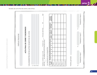 ¡Expresémonos!
Participemos
y
vivamos
en
democracia
65
Capítulo 3
Modelo de acta final de cierre y escrutinios.
Instituto
Nacional
ACTA
FINAL
DE
CIERRE
Y
ESCRUTINIOS
Los
presidentes
de
las
juntas
receptoras
de
votos:
1.
2.
3.
4.
Hacen
constar
que
a
las
______
horas
con
____
minutos
del
día______
de
_________
del
año
20____,
se
realizó
la
suma
total
de
votos.
Los
resultados
son
los
siguientes:
Presidente
mesa
1
Presidente
mesa
2
Presidente
mesa
3
f)
f)
f)
Mesa
1
Mesa
2
Mesa
3
Mesa
4
TOTALES
N.
o
de
mesa
Partido
1
Partido
2
Partido
3
Partido
4
Partido
5
Votos
nulos
Votos
en
blanco
Papeletas
sin
usar
Total
de
papeletas
Partido
ganador:
 