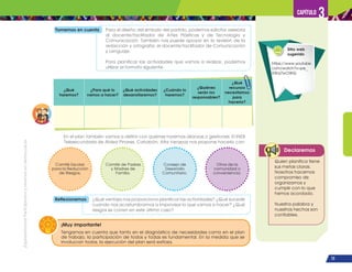 ¡Expresémonos!
Participemos
y
vivamos
en
democracia
73
Capítulo 3
Reflexionemos ¿Qué ventaja nos proporciona planificar las actividades? ¿Qué sucede
cuando nos acostumbramos a improvisar lo que vamos a hacer? ¿Qué
riesgos se corren en este último caso?
Tomemos en cuenta Para el diseño del símbolo del partido, podemos solicitar asesoría
al docente/facilitador de Artes Plásticas y de Tecnología y
Comunicación. También nos puede apoyar en la revisión de la
redacción y ortografía, el docente/facilitador de Comunicación
y Lenguaje.
Para planificar las actividades que vamos a realizar, podemos
utilizar el formato siguiente:
En el plan también vamos a definir con quiénes haremos alianzas o gestiones. El INEB
Telesecundaria de Aldea Pinares, Cahabón, Alta Verapaz nos propone hacerlo con:
Declaremos
Quien planifica tiene
sus metas claras.
Nosotros hacemos
compromiso de
organizarnos y
cumplir con lo que
hemos acordado.
Nuestra palabra y
nuestros hechos son
confiables.
¿Qué
haremos?
¿Para qué lo
vamos a hacer?
¿Qué actividades
desarrollaremos?
¿Cuándo lo
haremos?
¿Quiénes
serán los
responsables?
¿Qué
recursos
necesitamos
para
hacerlo?
Comité Escolar
para la Reducción
de Riesgos.
Comité de Padres
y Madres de
Familia.
Consejo de
Desarrollo
Comunitario.
Otros de la
comunidad o
conveniencia.
Tengamos en cuenta que tanto en el diagnóstico de necesidades como en el plan
de trabajo, la participación de todos y todas es fundamental. En la medida que se
involucran todos, la ejecución del plan será exitosa.
¡Muy importante!
Sitio web
sugerido
https://www.youtube.
com/watch?v=pe_
XWq7wOWQ
 