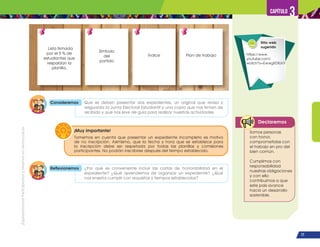 ¡Expresémonos!
Participemos
y
vivamos
en
democracia
77
Capítulo 3
Consideremos Que se deben presentar dos expedientes, un original que revisa y
resguarda la Junta Electoral Estudiantil y una copia que nos firman de
recibido y que nos sirve de guía para realizar nuestras actividades.
Reflexionemos ¿Por qué es conveniente incluir las cartas de honorabilidad en el
expediente? ¿Qué aprendemos de organizar un expediente? ¿Qué
nos enseña cumplir con requisitos y tiempos establecidos?
Declaremos
Somos personas
con honor,
comprometidas con
el trabajo en pro del
bien común.
Cumplimos con
responsabilidad
nuestras obligaciones
y con ello
contribuimos a que
este país avance
hacia un desarrollo
sostenible.
Lista firmada
por el 5 % de
estudiantes que
respaldan la
planilla.
Símbolo
del
partido
Índice Plan de trabajo
Tomemos en cuenta que presentar un expediente incompleto es motivo
de no inscripción. Asimismo, que la fecha y hora que se establece para
la inscripción debe ser respetada por todas las planillas y comisiones
participantes. No podrán inscribirse después del tiempo establecido.
¡Muy importante!
Sitio web
sugerido
https://www.
youtube.com/
watch?v=EwwgXDflJnY
 