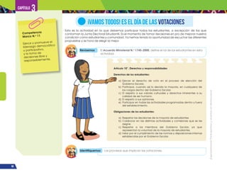 ¡Expresémonos!
Participemos
y
vivamos
en
democracia
80
Capítulo 3
Esta es la actividad en la que debemos participar todos los estudiantes, a excepción de los que
conforman la Junta Electoral Estudiantil. Es el momento de tomar decisiones en pro de mejorar nuestra
condición como estudiantes y comunidad. Ya hemos tenido la oportunidad de escuchar las diferentes
propuestas y es hora de elegir la mejor.
¡VAMOS TODOS! ES EL DÍA DE LAS VOTACIONES
Competencia
Marco N.o
11
Ejerce y promueve el
liderazgo democrático
y participativo,
y la toma de
decisiones libre y
responsablemente.
Revisemos El Acuerdo Ministerial N.o
1745-2000, define el rol de los estudiantes en esta
actividad.
Artículo 10°. Derechos y responsabilidades
Derechos de los estudiantes:
a) Ejercer el derecho de voto en el proceso de elección del
Gobierno Escolar.
b) Participar, cuando así lo decida la mayoría, en cualquiera de
los cargos dentro del Gobierno Escolar.
c) El respeto a sus valores culturales y derechos inherentes a su
calidad de ser humano.
d) El respeto a sus opiniones.
e) Participar en todas las actividades programadas dentro y fuera
del establecimiento.
Obligaciones de los estudiantes:
a) Respetar las decisiones de la mayoría de estudiantes.
b) Colaborar en las distintas actividades y comisiones que se les
asigne.
c) Respetar a los miembros del Gobierno Escolar, ya que
representan la voluntad de la mayoría de estudiantes.
d) Velar por el cumplimiento de las normas y disposiciones internas
establecidas por el Gobierno Escolar.
Identifiquemos Los procesos que implican las votaciones.
 