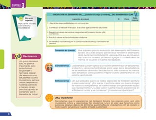 ¡Expresémonos!
Participemos
y
vivamos
en
democracia
96
Capítulo 3
EVALUACIÓN DEL DESEMPEÑO DEL____(colocar el cargo y nombre)__ DEL GOBIERNO ESCOLAR
Aspectos a evaluar Sí Poco
Debe
mejorar
1. Asumió sus responsabilidades con compromiso.
2. Contribuyó a trabajar en equipo, buscando y proponiendo soluciones.
3. Respetó el trabajo de los otros integrantes del Gobierno Escolar y las
comisiones.
4. Practicó valores en las actividades cotidianas.
5. Se identificó con trabajar por su comunidad educativa y comunidad en
general.
Declaremos
¡Un grano de arena
solo, no parece
importante, pero
juntos forman
las grandes y
hermosas playas!
¡Así seremos como
estudiantes y como
ciudadanos, siempre
unidos, respetando
nuestras opiniones
y manera de ser,
pero trabajando sin
cansancio por el
bienestar de todos!
Tomemos en cuenta Que la boleta para la evaluación del desempeño del Gobierno
Escolar, se puede adaptar para evaluar también el desempeño
de la Junta Electoral Estudiantil. Las preguntas que se incluyeron
aquí son una muestra, podemos agregar o contextualizar las
mismas de acuerdo a nuestras necesidades.
Consideremos Las boletas se pueden aplicar a un número determinado de estudiantes,
al director y docentes/facilitadores, para luego sacar las estadísticas
de los resultados obtenidos. Será de mucho valor comentar los mismos,
para establecer cómo podemos mejorar nuestro desempeño en una
próxima oportunidad.
Reflexionemos ¿En qué perjudica que no se realice el proceso de transición oportuna
y adecuadamente? ¿Por qué es importante dejar una buena imagen
de nosotros como personas, de nuestro trabajo y en general del equipo
que representamos? ¿Cuáles fueron nuestras mejores experiencias en
el Gobierno Escolar y sus comisiones? ¿Volveríamos a participar?
Recordemos que la experiencia del Gobierno Escolar nos prepara para una vida
ciudadana crítica y responsable. No olvidemos nunca el valor que tenemos como
personas, seamos dignos de llamarnos guatemaltecos. ¡Trabajemos con el corazón y
todo nuestro esfuerzo por nuestra amada Guatemala!
¡Muy importante!
Sitio web
sugerido
https://www.youtube.
com/watch?v=
ln9a3WBDImM
 