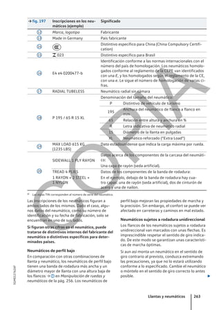 → fig. 197 Inscripciones en los neu-
máticos (ejemplo)
Significado
12 Marca, logotipo Fabricante
13 Made in Germany País fabricante
14

Distintivo específico para China (China Compulsory Certifi-
cation)
15  023 Distintivo específico para Brasil
16 E4 e4 0200477-b
Identificación conforme a las normas internacionales con el
número del país de homologación. Los neumáticos homolo-
gados conforme al reglamento de la CEPE van identificados
con una E, y los homologados según el reglamento de la CE,
con una e. Le sigue el número de homologación de varias ci-
fras.
17 RADIAL TUBELESS Neumático radial sin cámara
18 P 195 / 65 R 15 XL
Denominación del tamaño del neumático:
P Distintivo de vehículo de turismo
195
Anchura del neumático de flanco a flanco en
mm
65 Relación entre altura y anchura en %
R Letra indicativa de neumático radial
15 Diámetro de la llanta en pulgadas
XL Neumático reforzado (“Extra Load”)
19
MAX LOAD 615 KG
(1235 LBS)
Dato estadounidense que indica la carga máxima por rueda.
20
SIDEWALL 1 PLY RAYON
Datos acerca de los componentes de la carcasa del neumáti-
co:
Una capa de rayón (seda artificial).
TREAD 4 PLIES Datos de los componentes de la banda de rodadura:
1 RAYON + 2 STEEL +
1 NYLON
En el ejemplo, debajo de la banda de rodadura hay cua-
tro capas: una de rayón (seda artificial), dos de cinturón de
acero y una de nailon.
a) Las siglas TIN corresponden al número de serie del neumático.
Las inscripciones de los neumáticos figuran a
ambos lados de los mismos. Dado el caso, algu-
nos datos del neumático, como su número de
identificación y su fecha de fabricación, solo se
encuentran en uno de sus lados.
Si figuran otras cifras en el neumático, puede
tratarse de distintivos internos del fabricante del
neumático o distintivos específicos para deter-
minados países.
Neumáticos de perfil bajo
En comparación con otras combinaciones de
llanta y neumático, los neumáticos de perfil bajo
tienen una banda de rodadura más ancha y un
diámetro mayor de llanta con una altura baja de
los flancos → en Manipulación de ruedas y
neumáticos de la pág. 256. Los neumáticos de
perfil bajo mejoran las propiedades de marcha y
la precisión. Sin embargo, el confort se puede ver
afectado en carreteras y caminos en mal estado.
Neumáticos sujetos a rodadura unidireccional
Los flancos de los neumáticos sujetos a rodadura
unidireccional van marcados con unas flechas. Es
imprescindible respetar el sentido de giro indica-
do. De este modo se garantizan unas característi-
cas de marcha óptimas.
Si aun así monta un neumático en el sentido de
giro contrario al previsto, conduzca extremando
las precauciones, ya que no lo estará utilizando
conforme a lo especificado. Cambie el neumático
o móntelo en el sentido de giro correcto lo antes
posible. 
Llantas y neumáticos 263
5GM012762AF
C
O
P
I
A
 