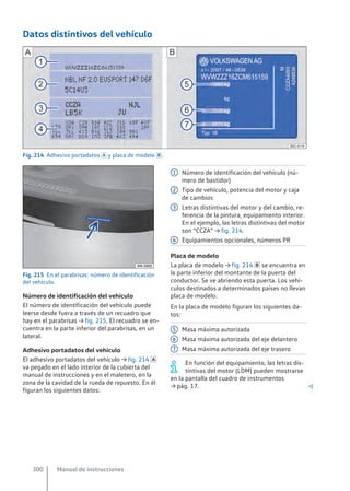Datos distintivos del vehículo
Fig. 214 Adhesivo portadatos  y placa de modelo .
Fig. 215 En el parabrisas: número de identificación
del vehículo.
Número de identificación del vehículo
El número de identificación del vehículo puede
leerse desde fuera a través de un recuadro que
hay en el parabrisas → fig. 215. El recuadro se en-
cuentra en la parte inferior del parabrisas, en un
lateral.
Adhesivo portadatos del vehículo
El adhesivo portadatos del vehículo → fig. 214 
va pegado en el lado interior de la cubierta del
manual de instrucciones y en el maletero, en la
zona de la cavidad de la rueda de repuesto. En él
figuran los siguientes datos:
Número de identificación del vehículo (nú-
mero de bastidor)
Tipo de vehículo, potencia del motor y caja
de cambios
Letras distintivas del motor y del cambio, re-
ferencia de la pintura, equipamiento interior.
En el ejemplo, las letras distintivas del motor
son “CCZA” → fig. 214.
Equipamientos opcionales, números PR
Placa de modelo
La placa de modelo → fig. 214  se encuentra en
la parte inferior del montante de la puerta del
conductor. Se ve abriendo esta puerta. Los vehí-
culos destinados a determinados países no llevan
placa de modelo.
En la placa de modelo figuran los siguientes da-
tos:
Masa máxima autorizada
Masa máxima autorizada del eje delantero
Masa máxima autorizada del eje trasero
En función del equipamiento, las letras dis-
tintivas del motor (LDM) pueden mostrarse
en la pantalla del cuadro de instrumentos
→ pág. 17. 
1
2
3
4
5
6
7
Manual de instrucciones
300
 