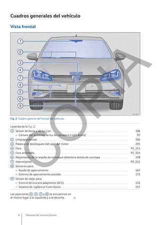 Cuadros generales del vehículo
Vista frontal
Fig. 2 Cuadro general del frontal del vehículo.
Leyenda de la fig. 2:
Sensor de lluvia y de luz con:............................................................................................................................. 106
– Cámara del asistente de luz de carretera (Light Assist)..................................................................... 97
Limpiaparabrisas...................................................................................................................................................... 106
Palanca de desbloqueo del capó del motor................................................................................................. 235
Faro................................................................................................................................................................................ 97, 215
Faro antiniebla.......................................................................................................................................................... 97, 215
Alojamiento de la argolla de remolque delantera detrás de una tapa............................................. 228
Intermitente............................................................................................................................................................... 97, 215
Sensores para:
– Ayuda de aparcamiento................................................................................................................................... 167
– Sistema de aparcamiento asistido.............................................................................................................. 172
Sensor de radar para:
– Control de crucero adaptativo (ACC).......................................................................................................... 152
– Sistema de vigilancia Front Assist............................................................................................................... 157
1
2
3
4
5
6
7
8
9
Las posiciones 4 , 5 , 7 y 8 se encuentran en
el mismo lugar a la izquierda y a la derecha. 
Manual de instrucciones
6
C
O
P
I
A
 