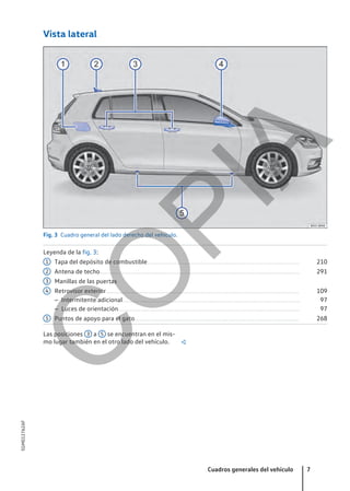Vista lateral
Fig. 3 Cuadro general del lado derecho del vehículo.
Leyenda de la fig. 3:
Tapa del depósito de combustible................................................................................................................... 210
Antena de techo....................................................................................................................................................... 291
Manillas de las puertas
Retrovisor exterior.................................................................................................................................................. 109
– Intermitente adicional...................................................................................................................................... 97
– Luces de orientación......................................................................................................................................... 97
Puntos de apoyo para el gato............................................................................................................................ 268
1
2
3
4
5
Las posiciones 3 a 5 se encuentran en el mis-
mo lugar también en el otro lado del vehículo. 
Cuadros generales del vehículo 7
5GM012762AF
C
O
P
I
A
 