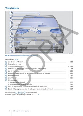 Vista trasera
Fig. 4 Cuadro general de la parte trasera del vehículo.
Leyenda de la fig. 4:
Luneta con calefacción......................................................................................................................................... 113
Tercera luz de freno
Grupos ópticos traseros........................................................................................................................................ 97, 215
Emblema de Volkswagen para abrir el portón del maletero................................................................ 83
Luz de matrícula....................................................................................................................................................... 215
Alojamiento de la argolla de remolque trasera detrás de una tapa.................................................. 228
Antena de techo....................................................................................................................................................... 291
Limpialuneta.............................................................................................................................................................. 106
Sensores para:
– Ayuda de aparcamiento................................................................................................................................... 167
– Sistema de aparcamiento asistido.............................................................................................................. 172
Zona de la cámara del asistente de marcha atrás (Rear View)............................................................ 169
Detrás del paragolpes: sensor de radar para los sistemas de asistencia......................................... 162
1
2
3
4
5
6
7
8
9
10
11
Las posiciones 3 , 5 , 9 y 11 se encuentran en
el mismo lugar a la izquierda y a la derecha. 
Manual de instrucciones
8
C
O
P
I
A
 