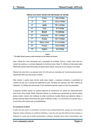 E – Manuais                                                                  Manual Google AdWords




                                                     Tabela 1
*** Em 2008 o Brasil ocupava a sexta colocação com 50 milhões de usuários.



Hoje o Brasil tem mais internautas que a população da Austrália. Somos o quinto maior país em
número de usuários, e o primeiro disparado na América Latina. Estes 72 milhões de internautas estão
distribuídos quase linearmente pelas principais faixas etárias, excluindo-se as crianças e os idosos.


Olhando de outra forma, as pessoas entre 18 e 64 anos (os chamados de “economicamente ativos”)
representam 68% dos internautas no Brasil.


Para mostrar o quanto esse número ainda pode crescer, a pesquisa comparou a quantidade de
usuários da rede com o número de habitantes do país. No Brasil, por exemplo, dos 198,7 milhões de
habitantes, 72 milhões são internautas. O que representa apenas, quase um terço da população.


A pesquisa também aponta um grande potencial de crescimento em países em desenvolvimento
como Índia, China, Brasil, Vietnã, Filipinas e Rússia, e à medida que a penetração da internet nesses
países crescer, haverá uma mudança na ordem econômica mundial. Desde que saibamos utilizar, o
grande potencial dessa ferramenta para gerar e distribuir renda, e o e-commerce nos permite isso, e
os anúncios online alavancam as possibilidades.


O E-commerce no Brasil
A cada ano que passa o e-commerce no Brasil cresce exponencialmente, porque os consumidores
adquirem maior confiança no comércio eletrônico, o que faz com que eles efetuem mais compras, e
indiquem os canais que já estão acostumados a comprar, atraindo assim novos consumidores, que


www.emanuais.com.br                                                                         Página 5
 