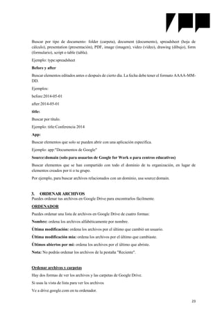 23
Buscar por tipo de documento: folder (carpeta), document (documento), spreadsheet (hoja de
cálculo), presentation (presentación), PDF, image (imagen), video (vídeo), drawing (dibujo), form
(formulario), script o table (tabla).
Ejemplo: type:spreadsheet
Before y after
Buscar elementos editados antes o después de cierto día. La fecha debe tener el formato AAAA-MM-
DD.
Ejemplos:
before:2014-05-01
after:2014-05-01
title:
Buscar por título.
Ejemplo: title:Conferencia 2014
App:
Buscar elementos que solo se pueden abrir con una aplicación específica.
Ejemplo: app:"Documentos de Google"
Source:domain (solo para usuarios de Google for Work o para centros educativos)
Buscar elementos que se han compartido con todo el dominio de tu organización, en lugar de
elementos creados por ti o tu grupo.
Por ejemplo, para buscar archivos relacionados con un dominio, usa source:domain.
3. ORDENAR ARCHIVOS
Puedes ordenar tus archivos en Google Drive para encontrarlos fácilmente.
ORDENADOR
Puedes ordenar una lista de archivos en Google Drive de cuatro formas:
Nombre: ordena los archivos alfabéticamente por nombre.
Última modificación: ordena los archivos por el último que cambió un usuario.
Última modificación mía: ordena los archivos por el último que cambiaste.
Últimos abiertos por mí: ordena los archivos por el último que abriste.
Nota: No podrás ordenar los archivos de la pestaña "Reciente".
Ordenar archivos y carpetas
Hay dos formas de ver los archivos y las carpetas de Google Drive.
Si usas la vista de lista para ver los archivos
Ve a drive.google.com en tu ordenador.
 